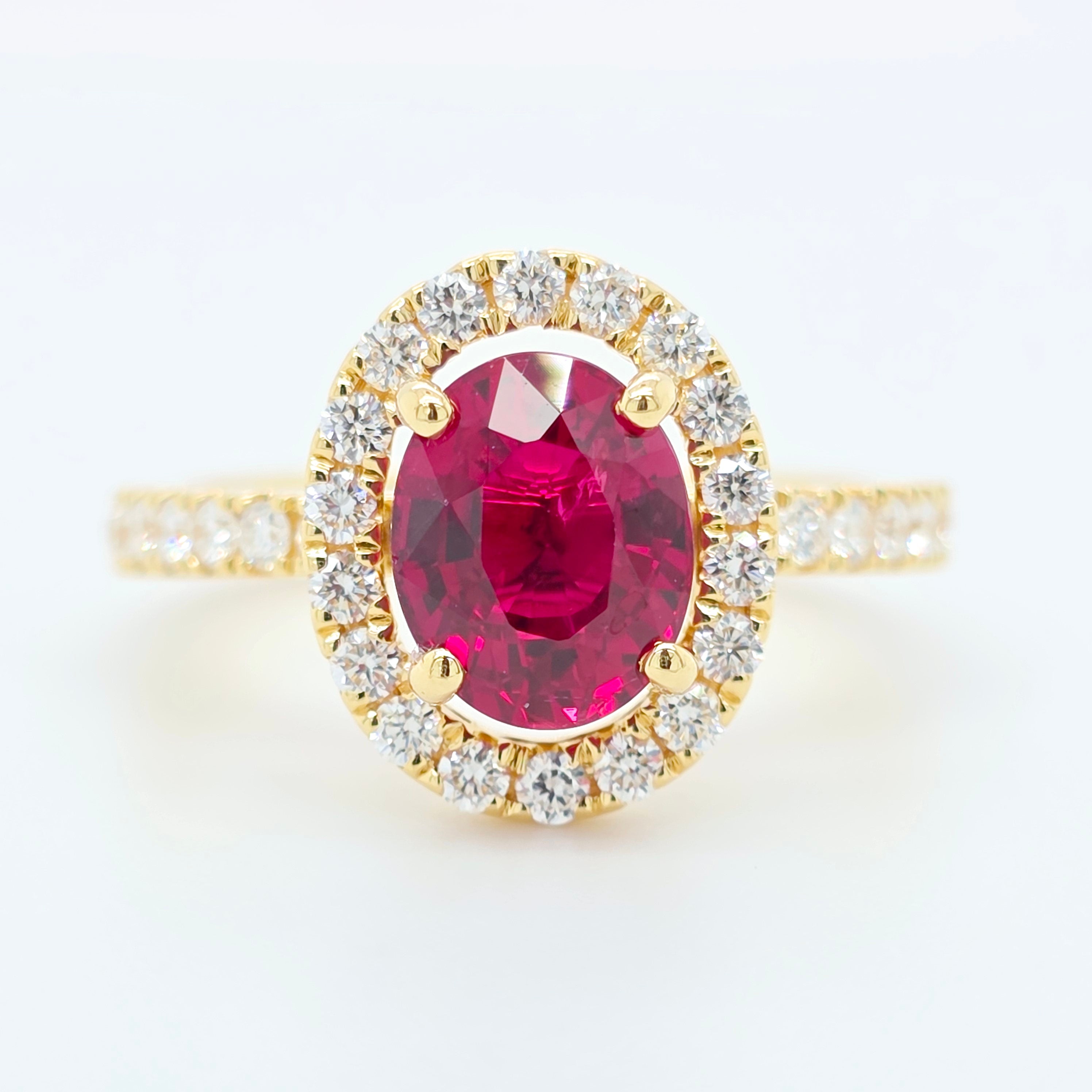 2.02ct Thai Ruby Ring – Oval Halo Setting, 18K Gold, E VS1 Diamonds