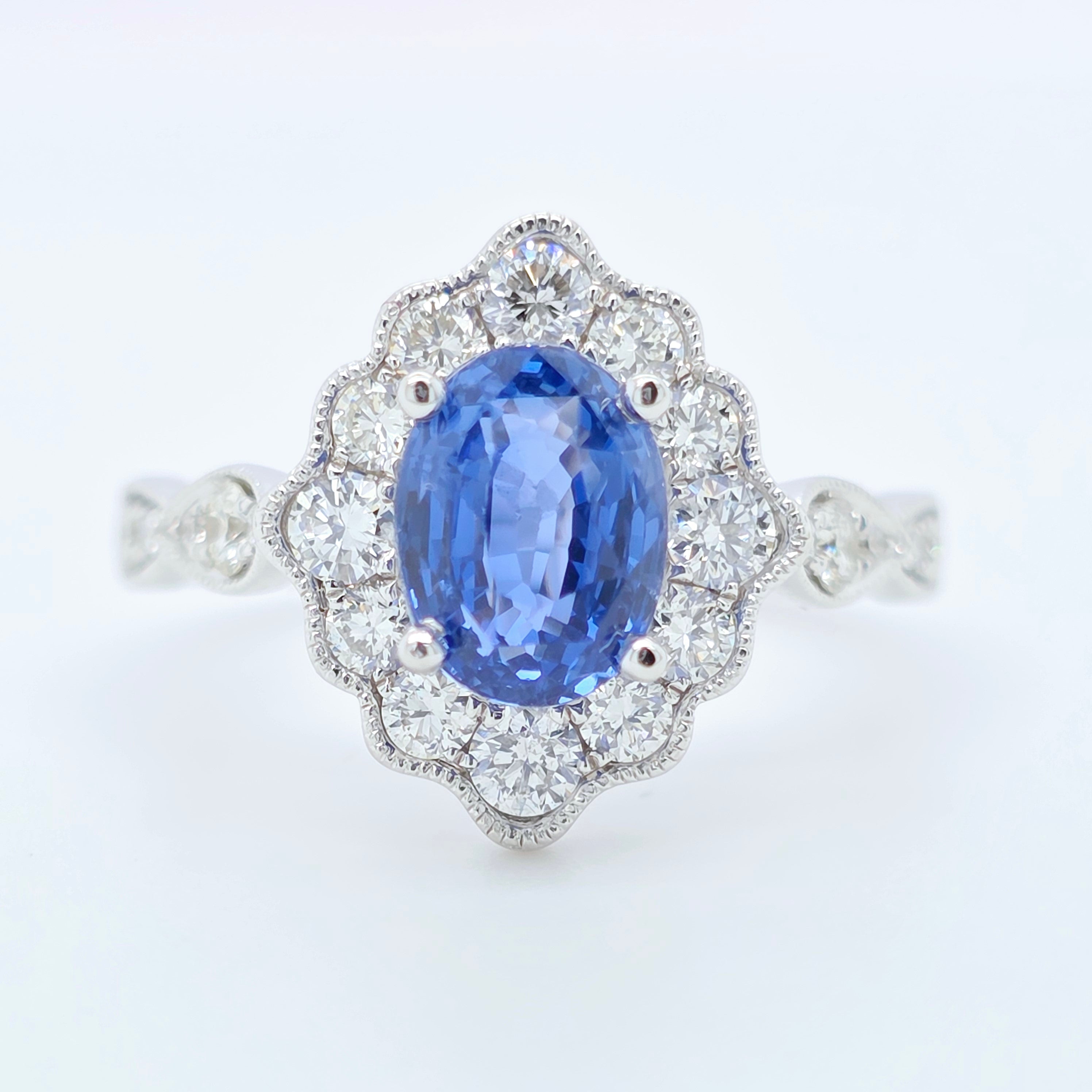 2.02ct Blue Sapphire Ring – Oval Halo, 18K Gold, F VS1 Diamonds