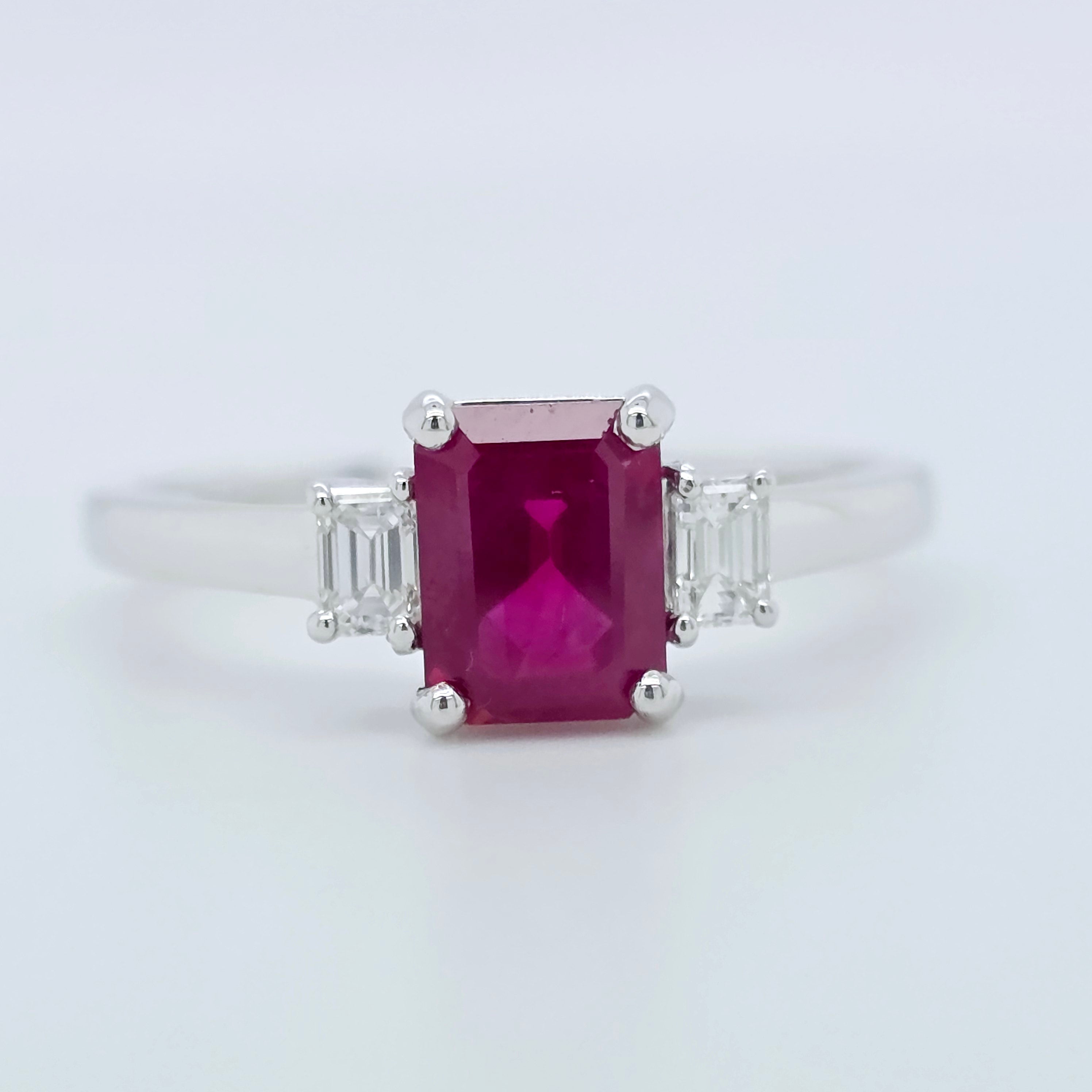 1.18ct Ruby Engagement Ring – Emerald Cut, Baguette Sides, 18K Gold