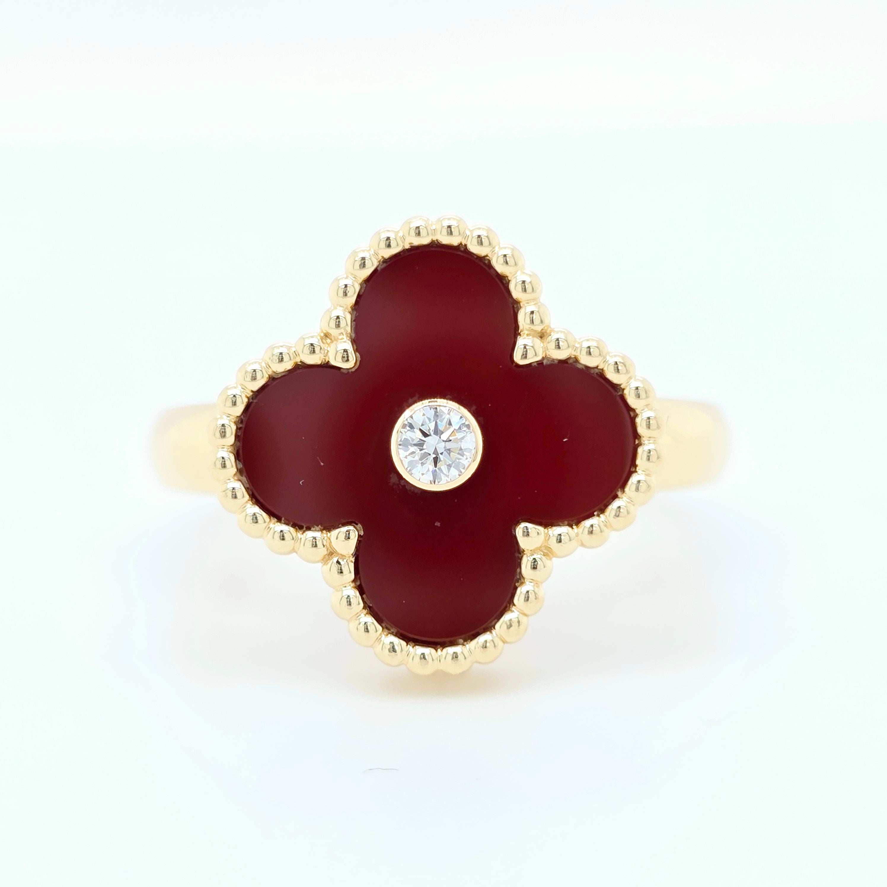Van Cleef Alhambra Ring – Carnelian, Diamond, 18ct Gold, Size 55 Chloe's Jewellers