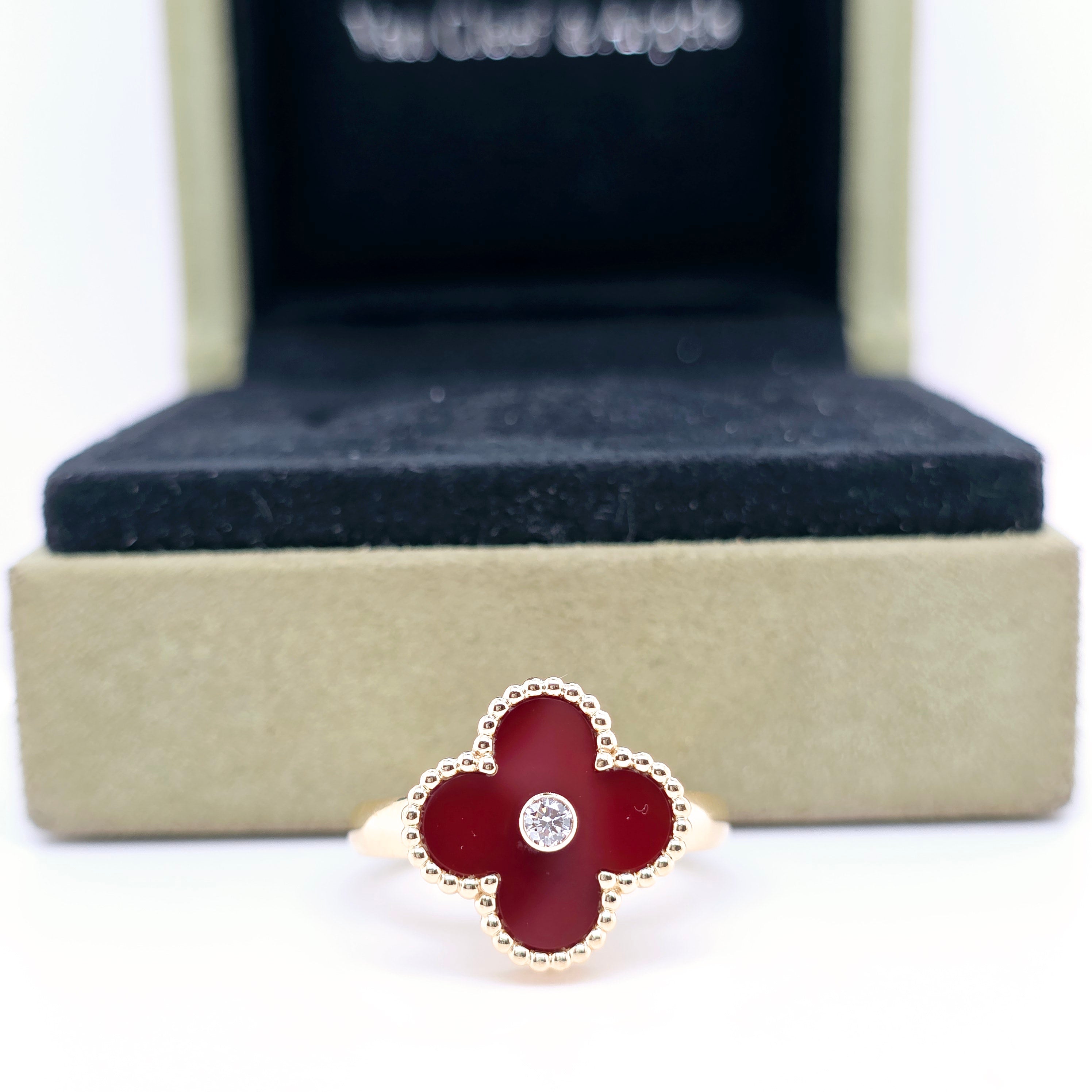 Van Cleef Alhambra Ring – Carnelian, Diamond, 18ct Gold, Size 55 Chloe's Jewellers
