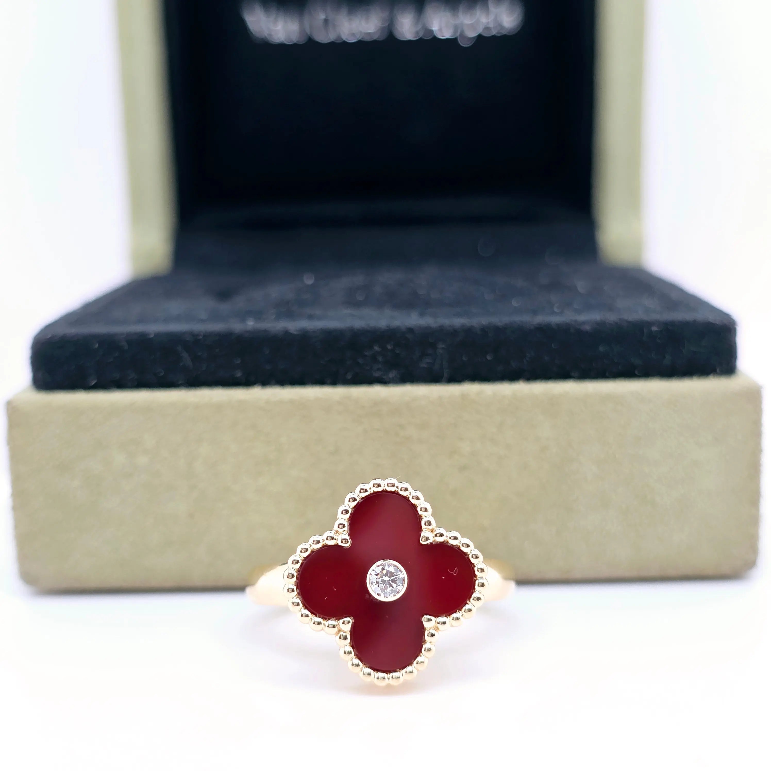 Van Cleef Alhambra Ring – Carnelian, Diamond, 18ct Gold, Size 55 Chloe's Jewellers