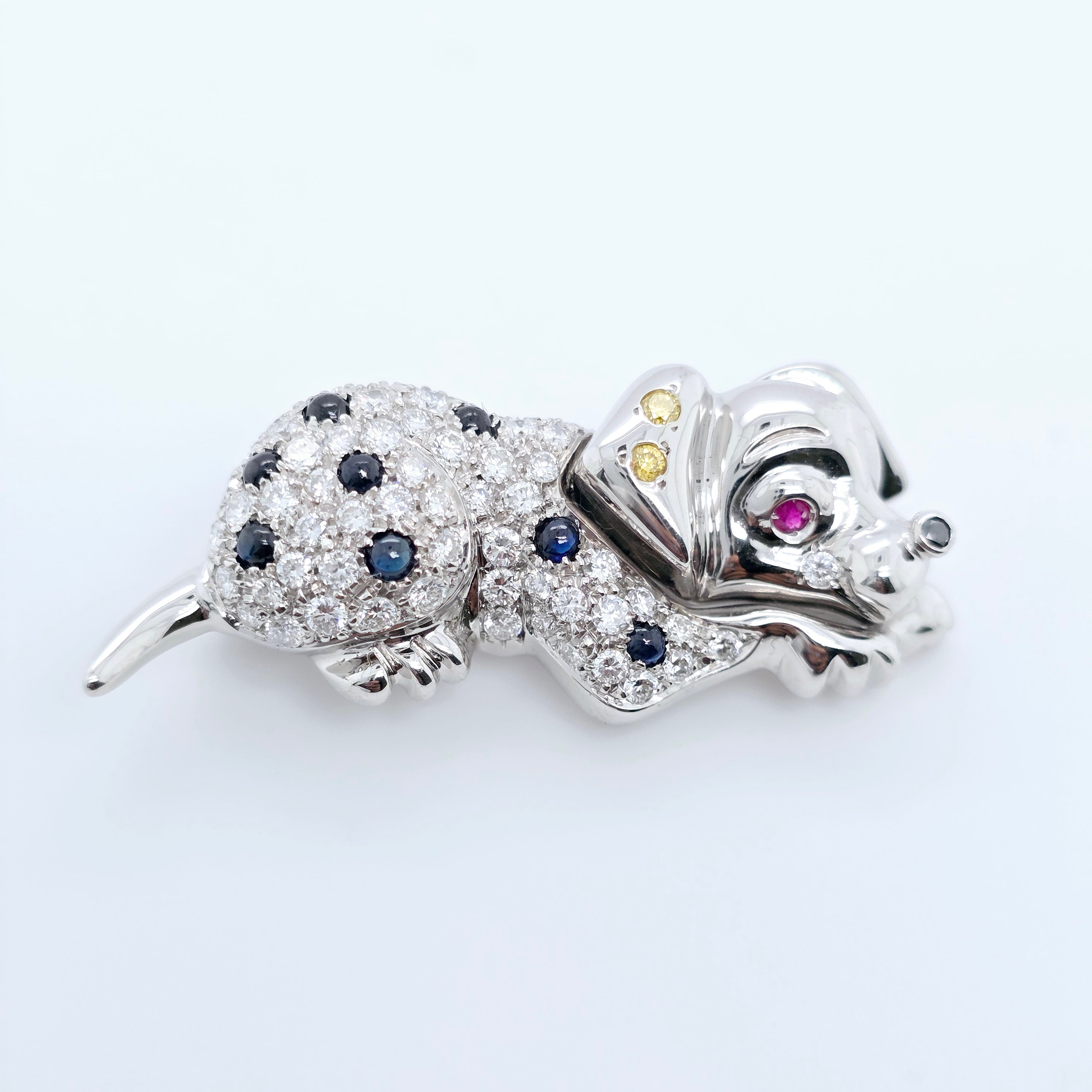 David Morris Dalmatian Brooch – Diamonds, Sapphires & Ruby, 18ct Gold Chloe's Jewellers