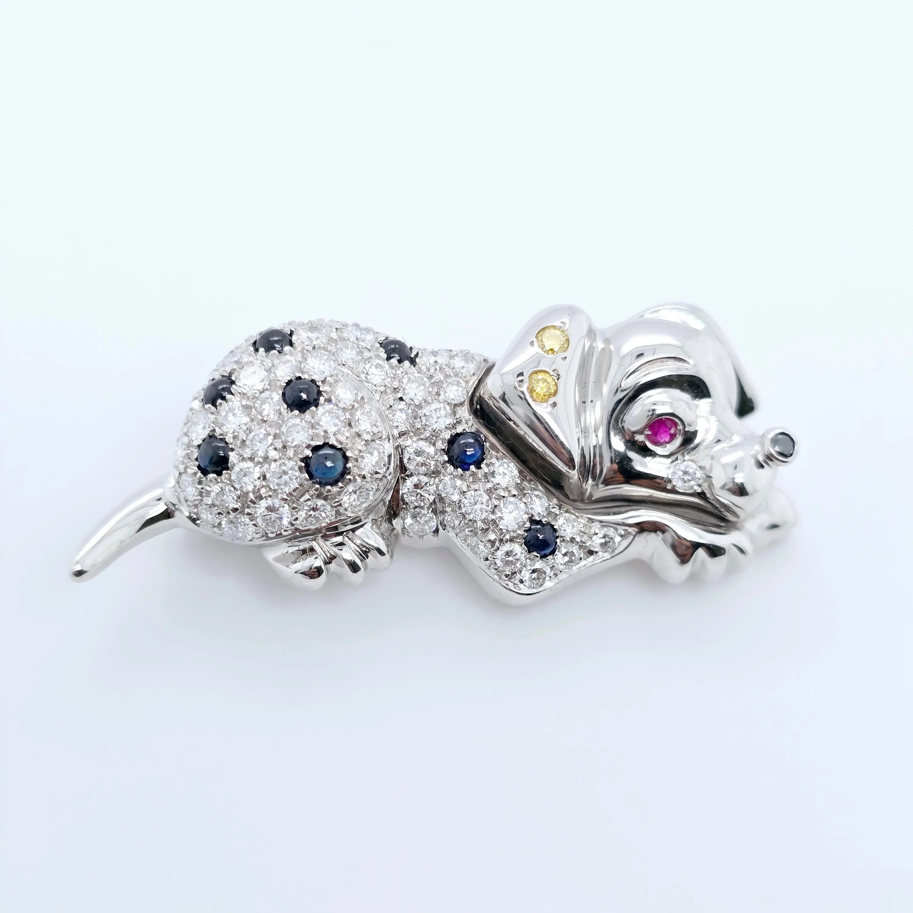 David Morris Dalmatian Brooch – Diamonds, Sapphires & Ruby, 18ct Gold Chloe's Jewellers