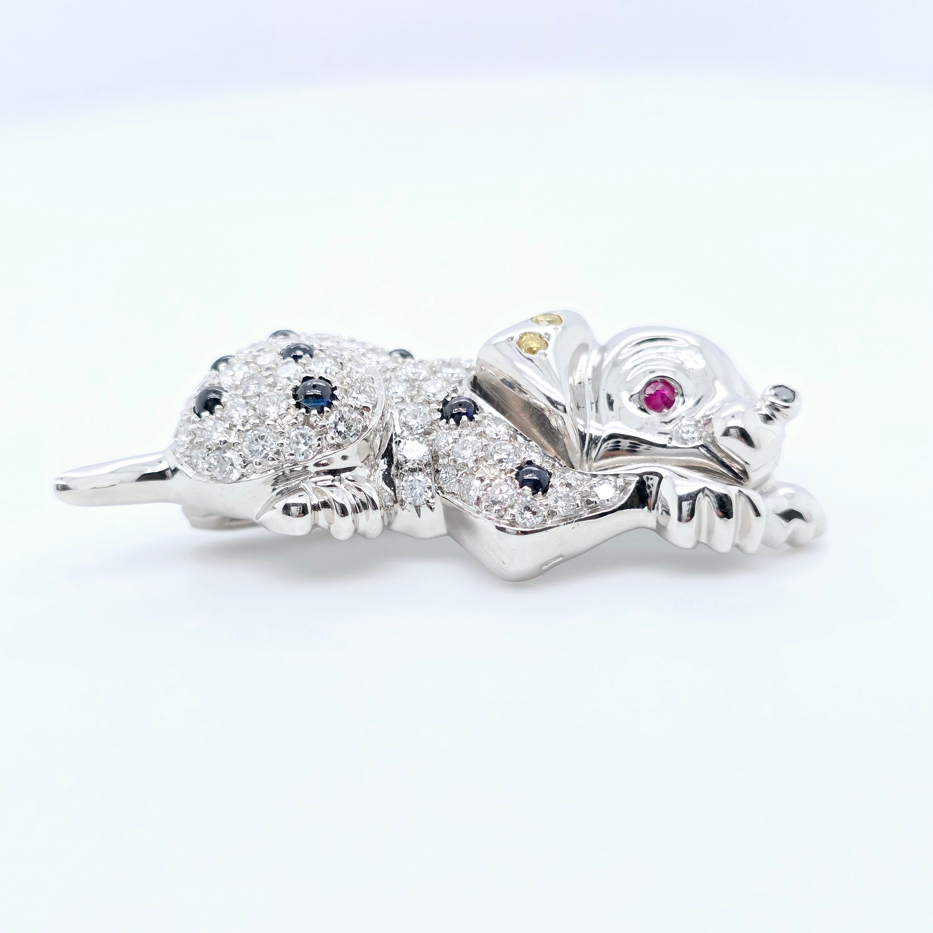 David Morris Dalmatian Brooch – Diamonds, Sapphires & Ruby, 18ct Gold Chloe's Jewellers