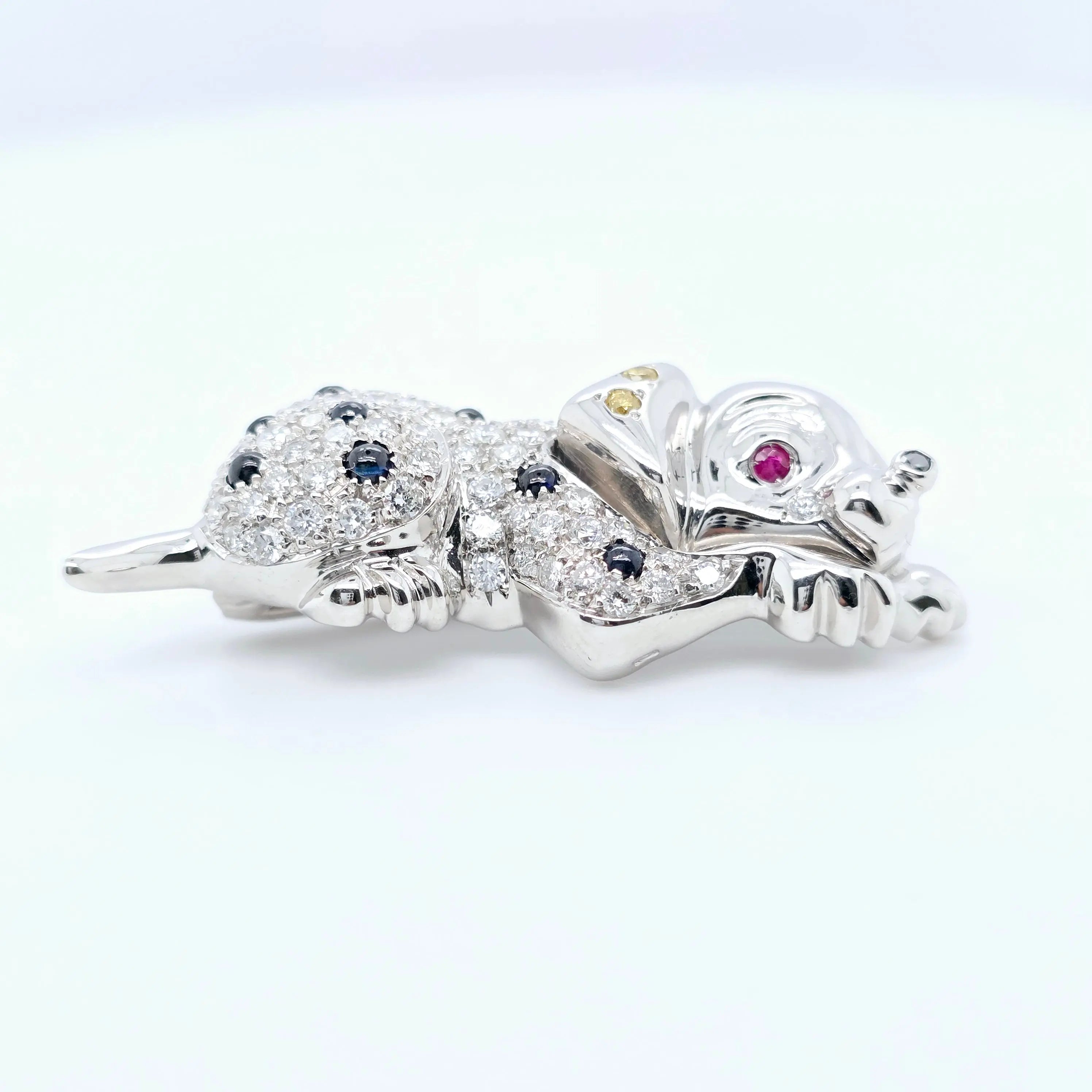 David Morris Dalmatian Brooch – Diamonds, Sapphires & Ruby, 18ct Gold Chloe's Jewellers