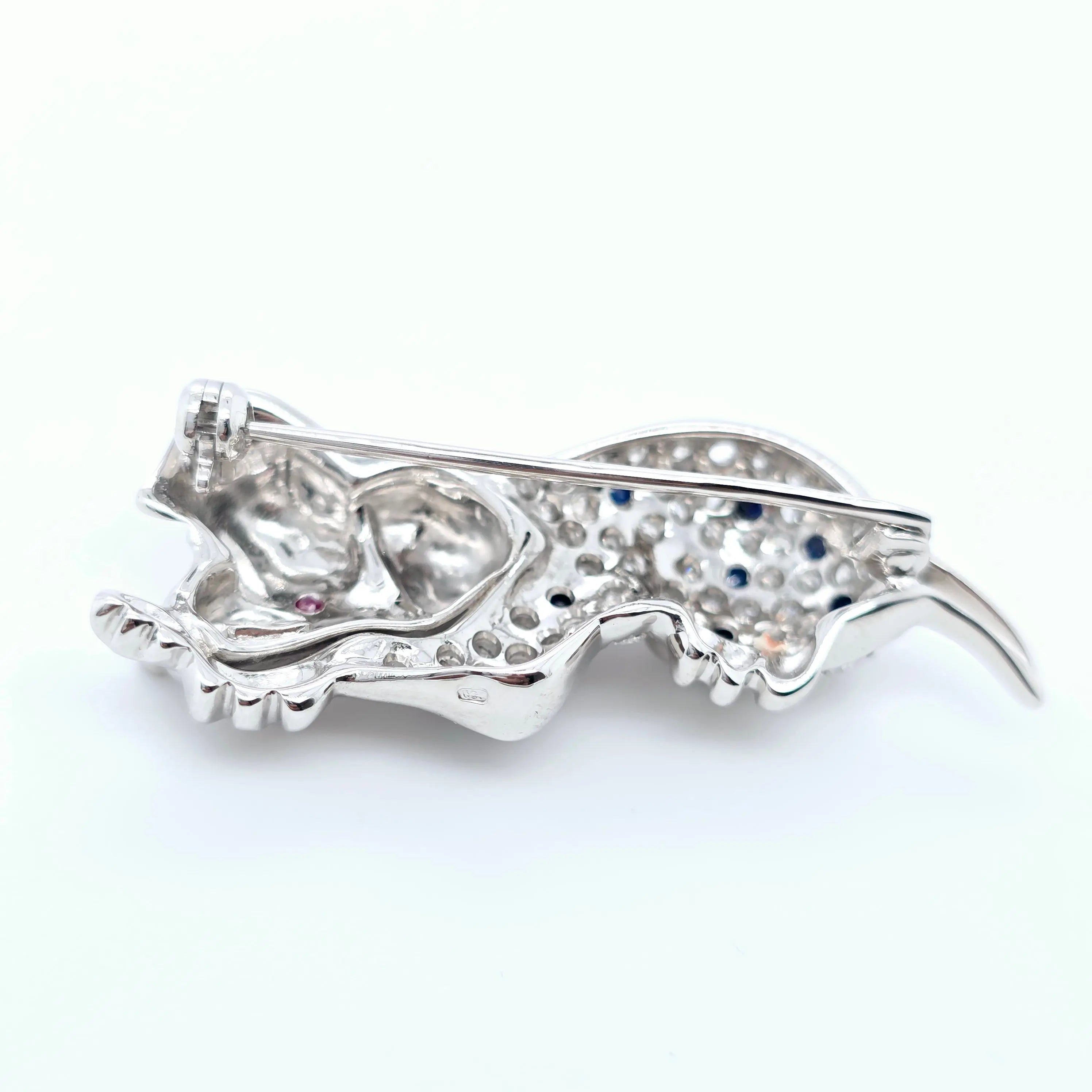David Morris Dalmatian Brooch – Diamonds, Sapphires & Ruby, 18ct Gold Chloe's Jewellers