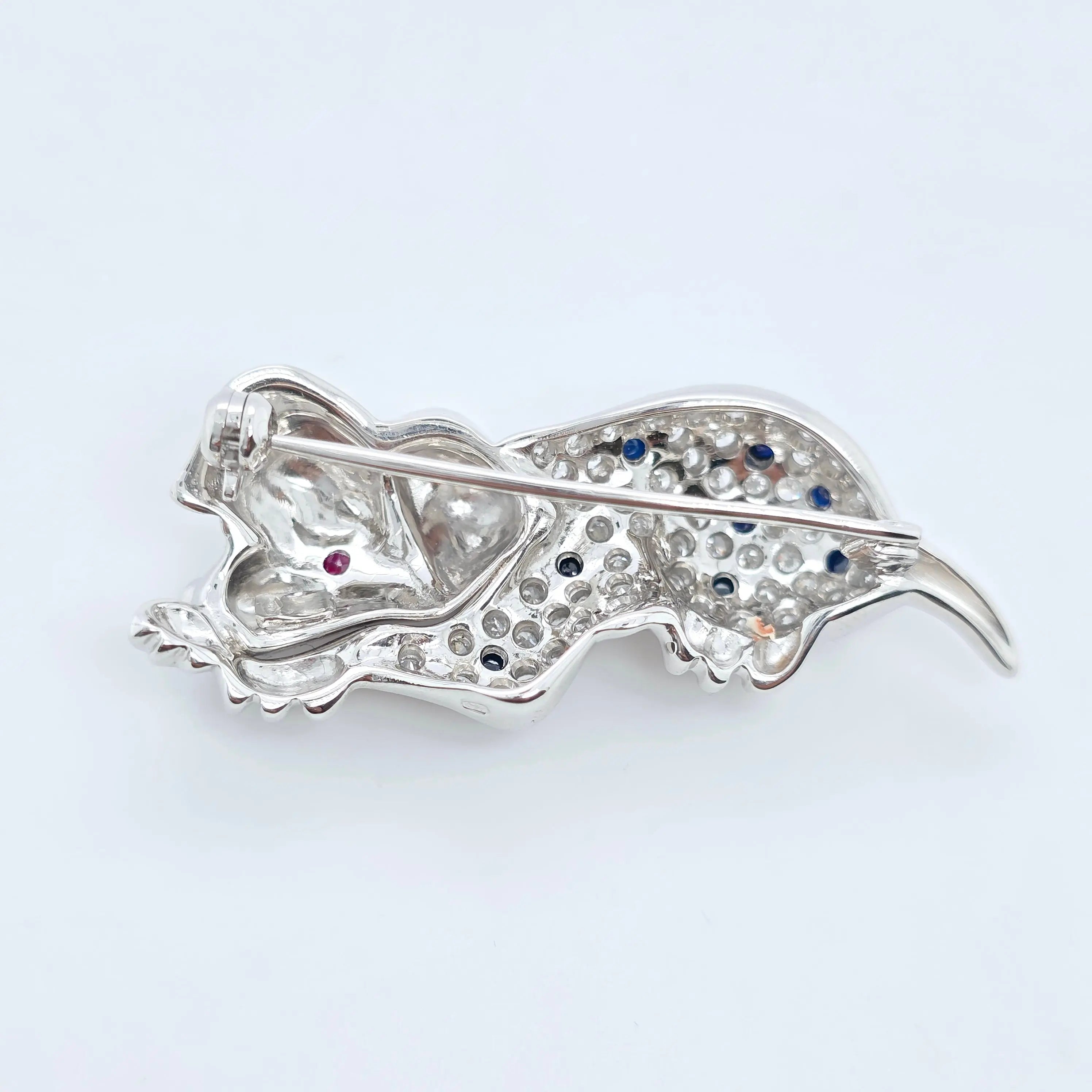 David Morris Dalmatian Brooch – Diamonds, Sapphires & Ruby, 18ct Gold Chloe's Jewellers