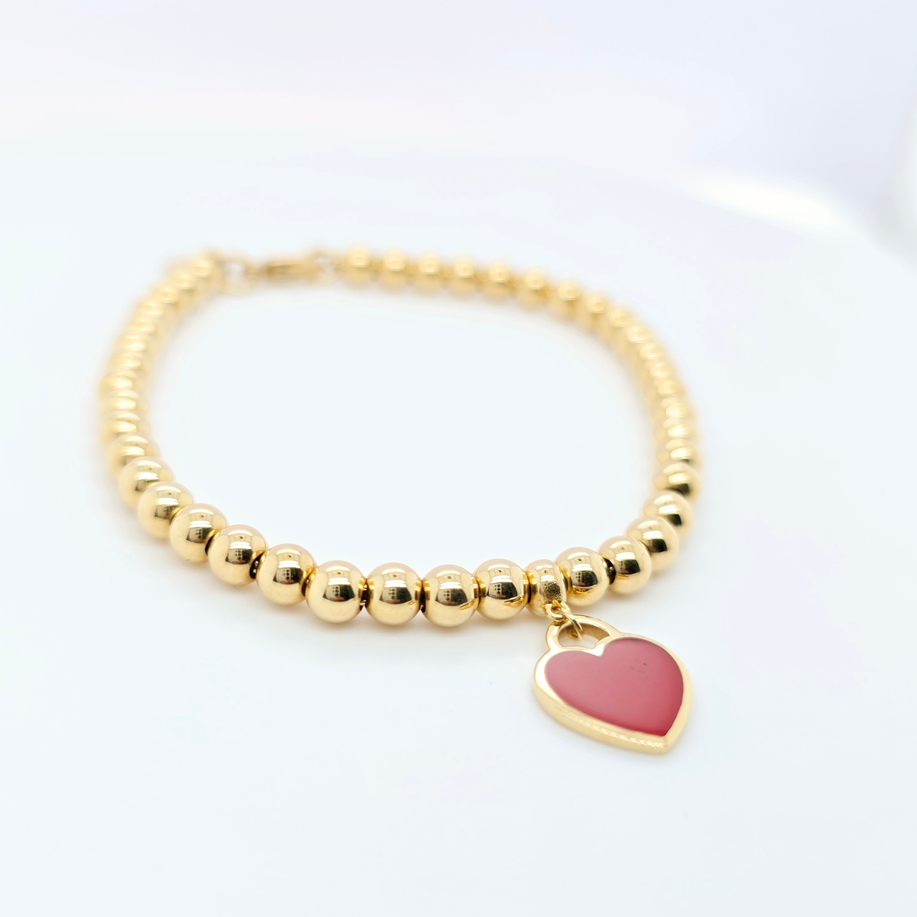 Tiffany & Co. Mini Heart Tag Bead Bracelet | 18K Gold | Red Enamel