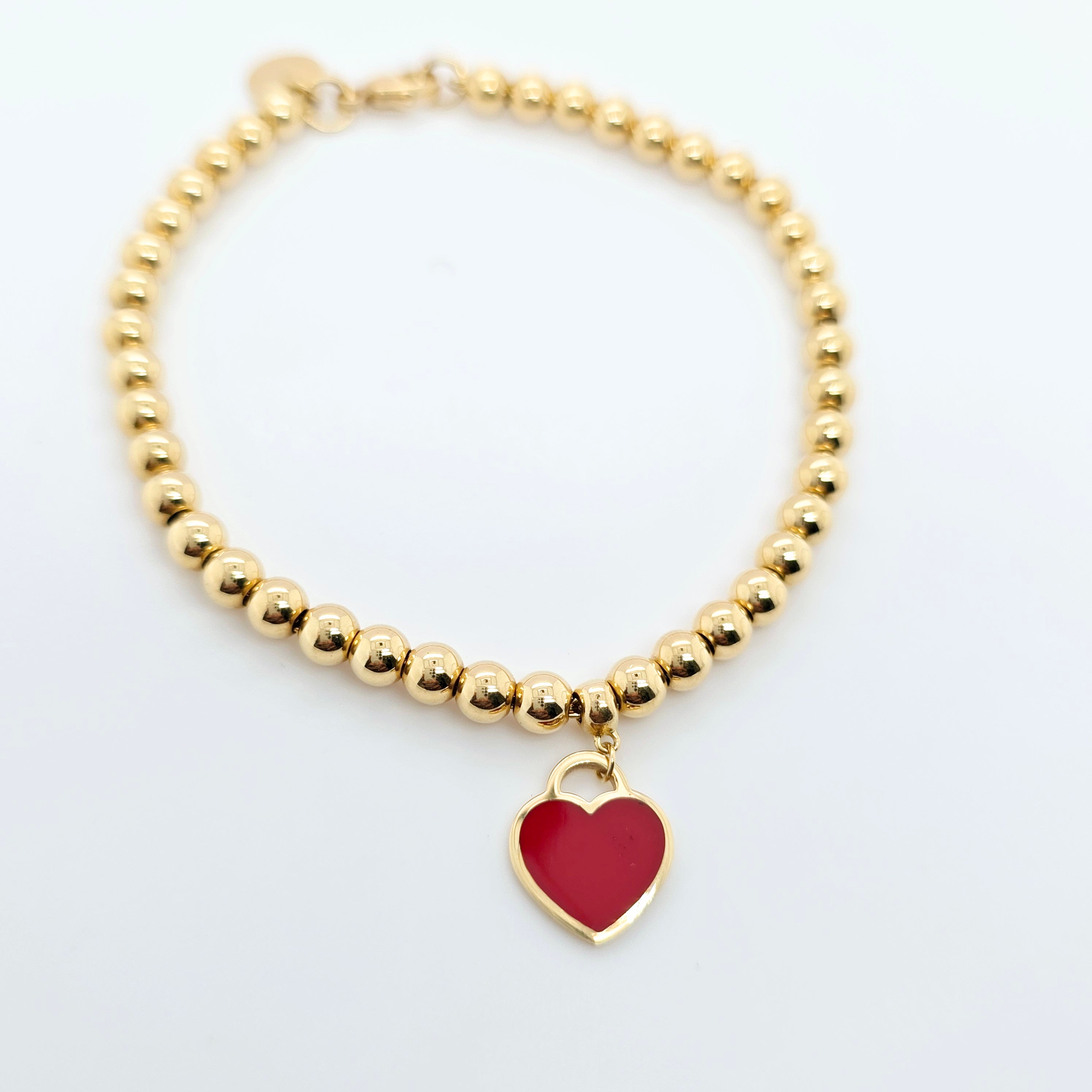 Tiffany & Co. Mini Heart Tag Bead Bracelet | 18K Gold | Red Enamel