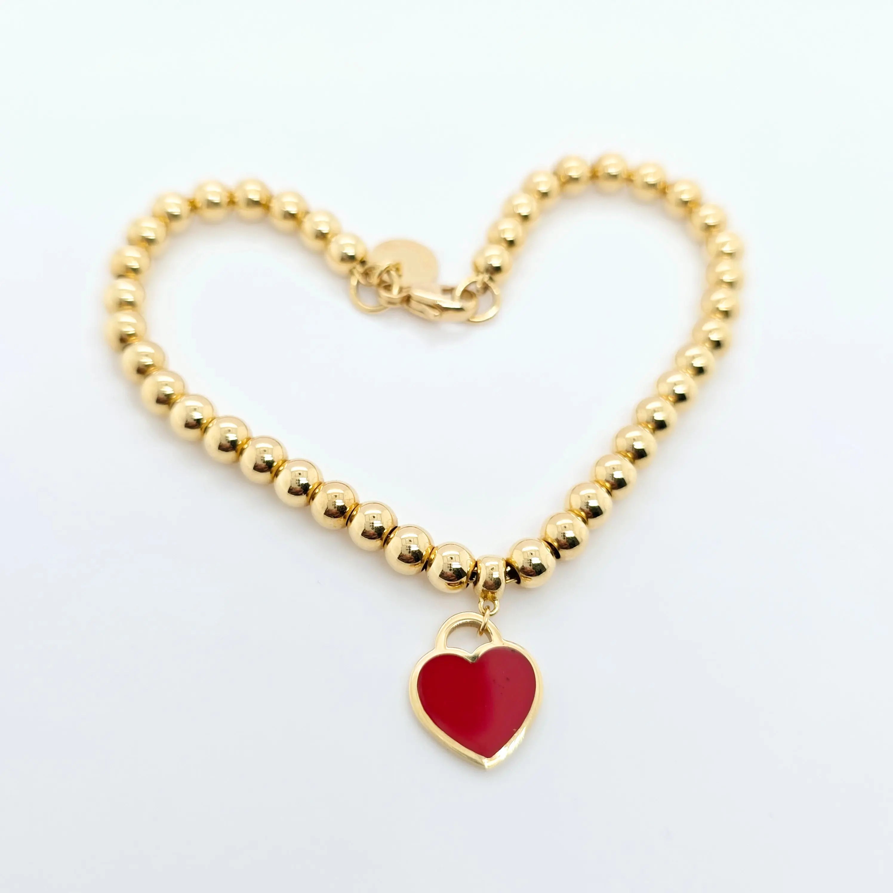 Tiffany & Co. Mini Heart Tag Bead Bracelet | 18K Gold | Red Enamel Chloe's Jewellers