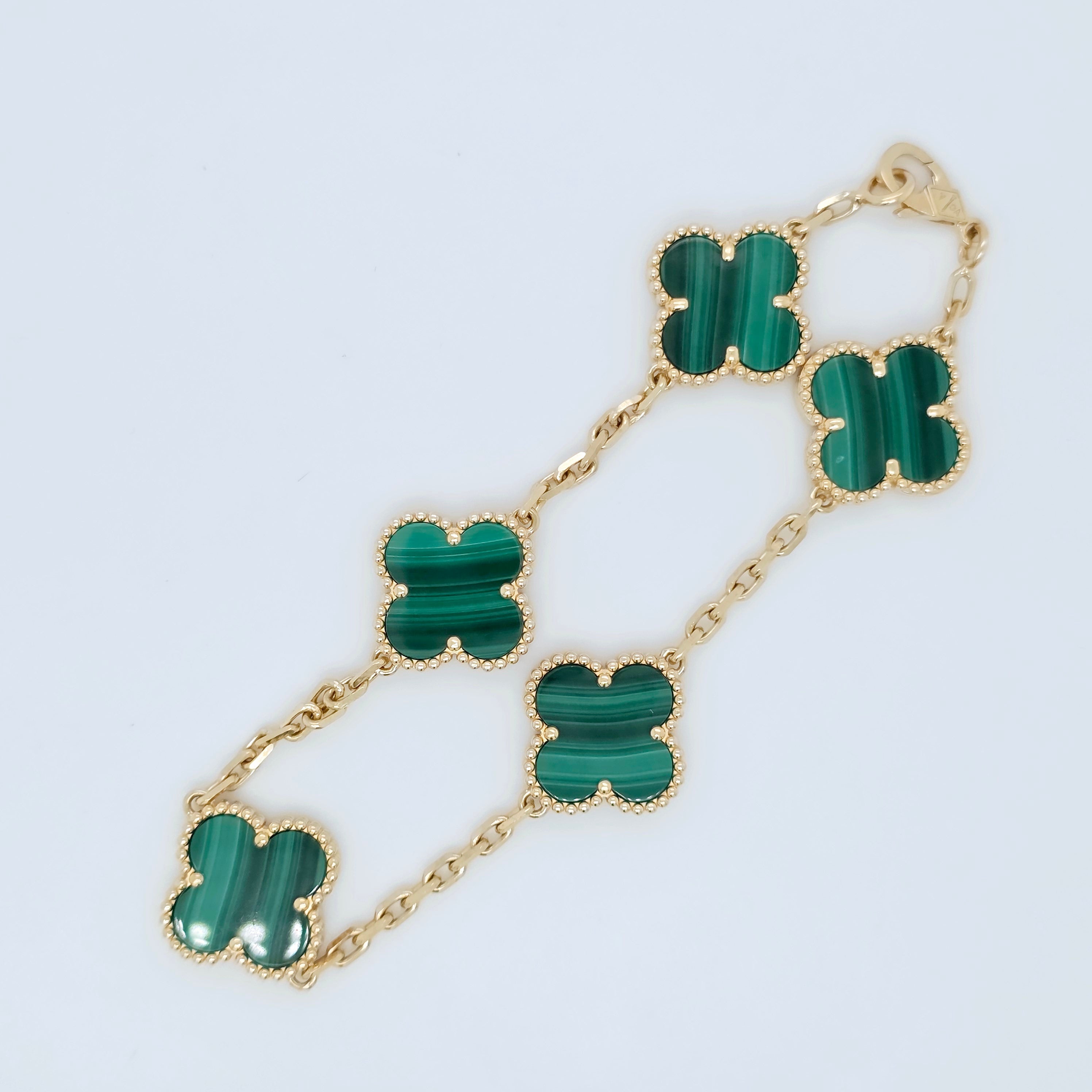 Van Cleef & Arpels Vintage Alhambra Malachite Bracelet,5 Motif, 18ct Yellow Gold Chloe's Jewellers