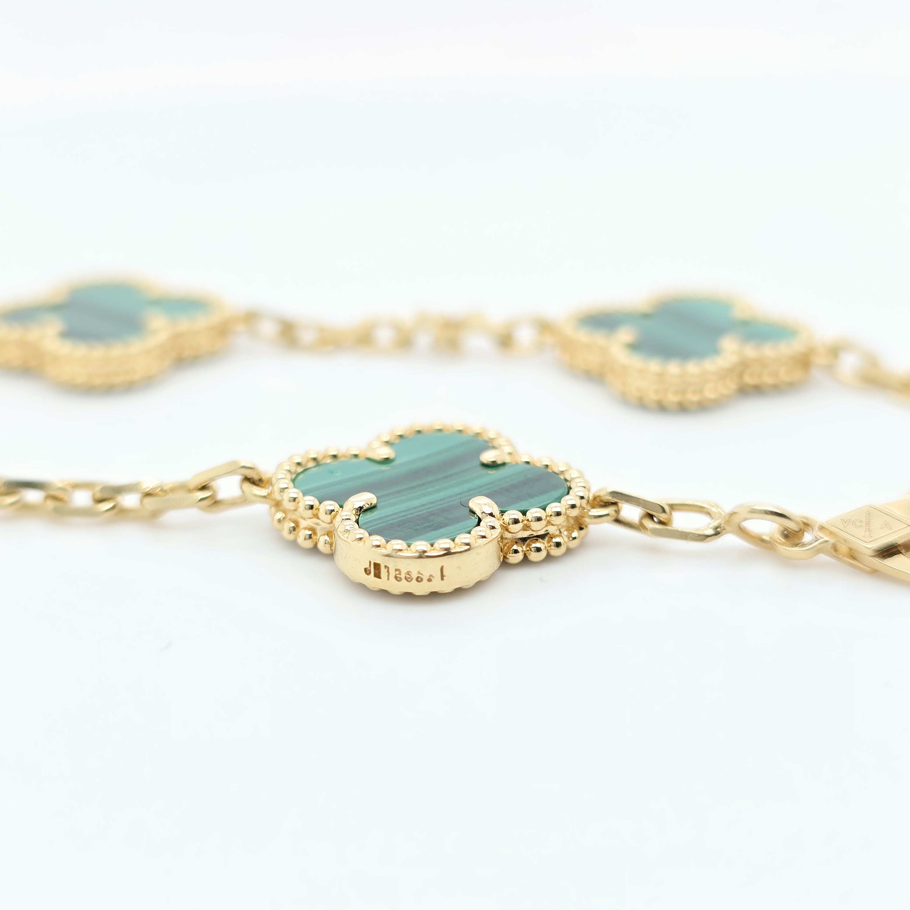 Van Cleef & Arpels Vintage Alhambra Malachite Bracelet,5 Motif, 18ct Yellow Gold Chloe's Jewellers
