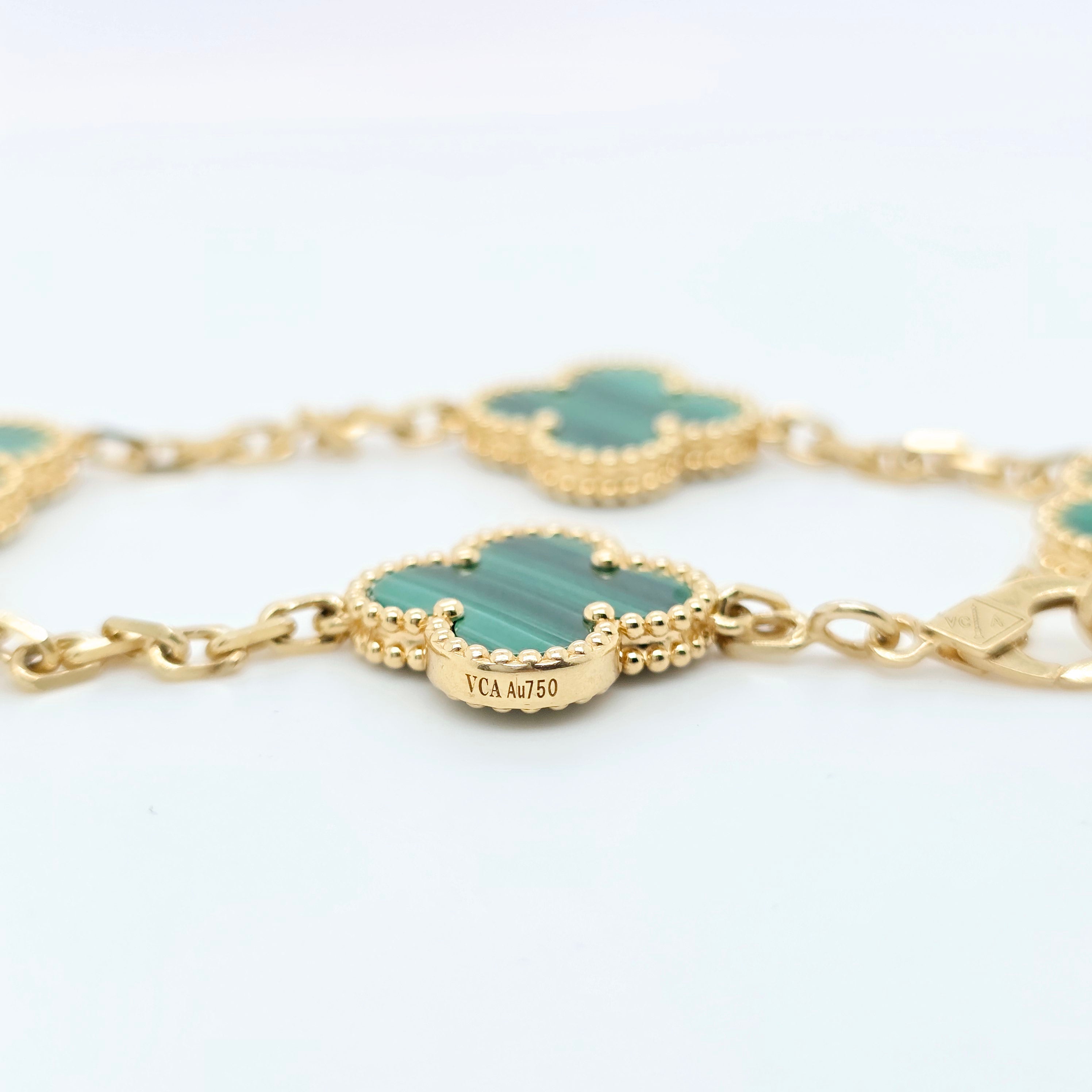 Van Cleef & Arpels Vintage Alhambra Malachite Bracelet,5 Motif, 18ct Yellow Gold Chloe's Jewellers