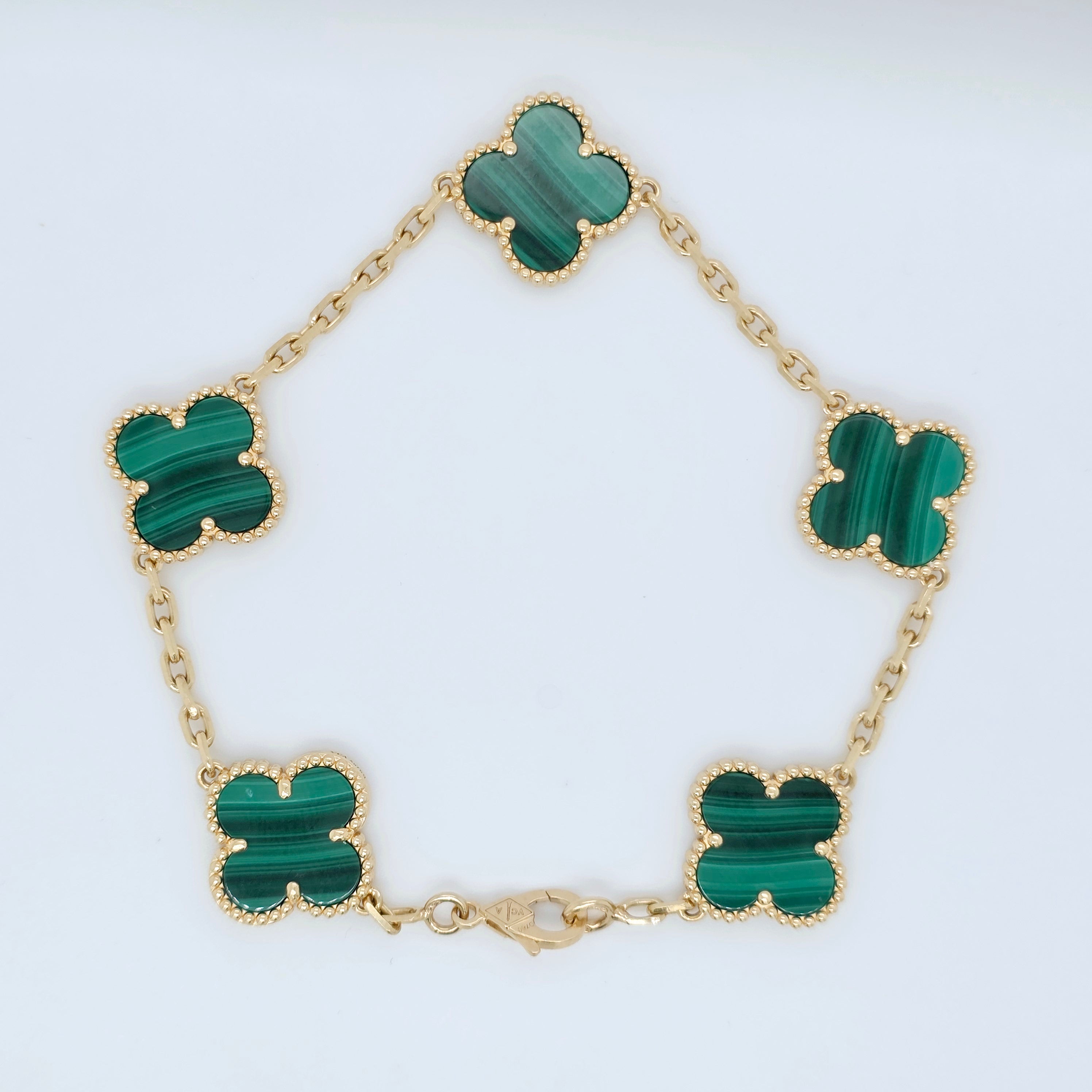 Van Cleef & Arpels Vintage Alhambra Malachite Bracelet,5 Motif, 18ct Yellow Gold Chloe's Jewellers