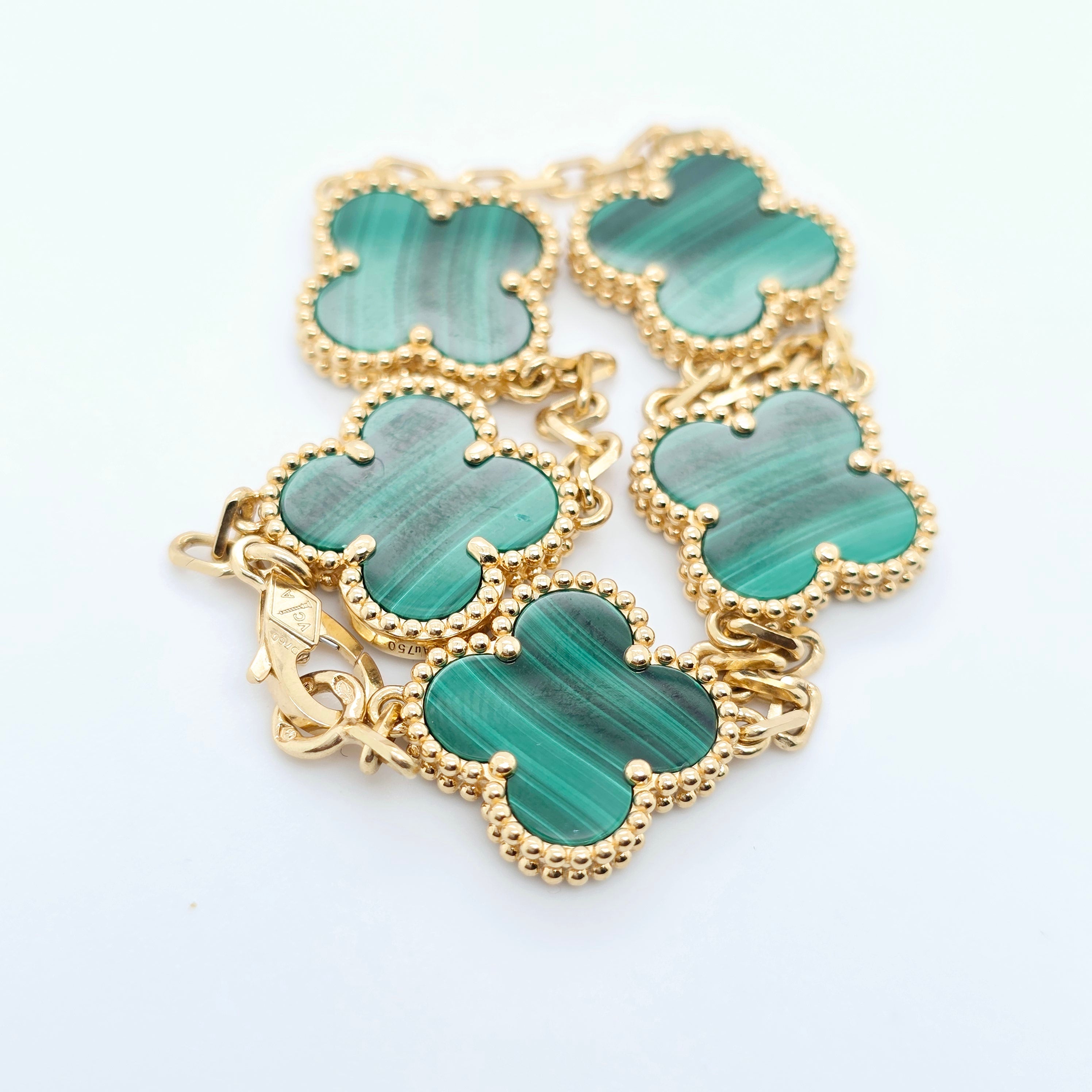 Van Cleef & Arpels Vintage Alhambra Malachite Bracelet,5 Motif, 18ct Yellow Gold Chloe's Jewellers