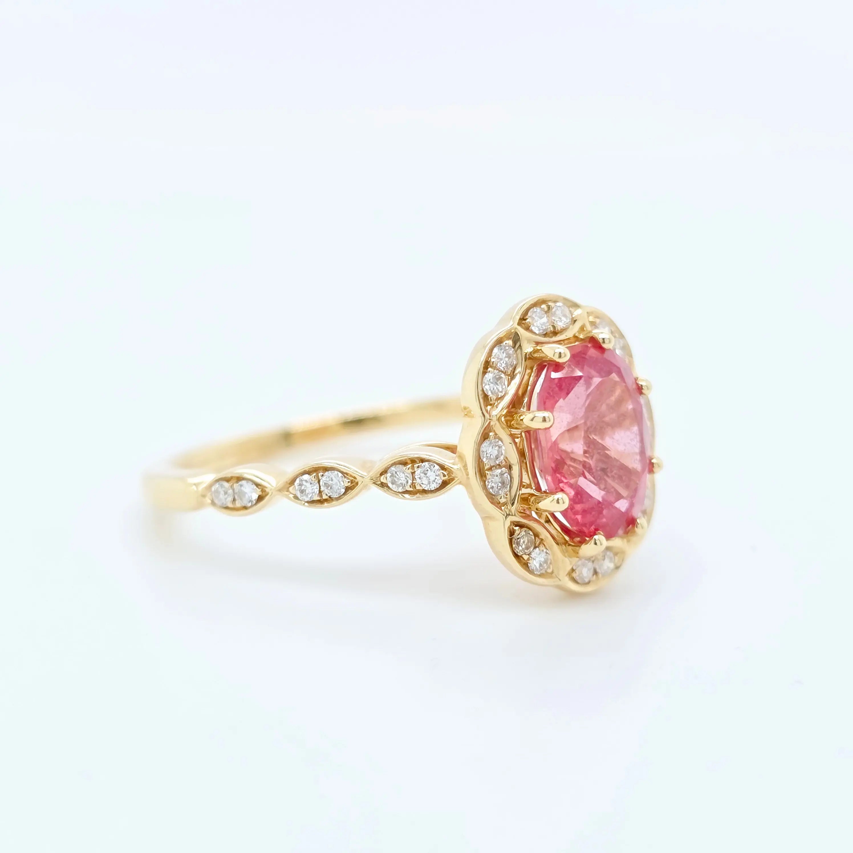 1.40ct Peach Sapphire Engagement Ring | F VS1 Diamonds | 18K Gold Chloe's Jewellers