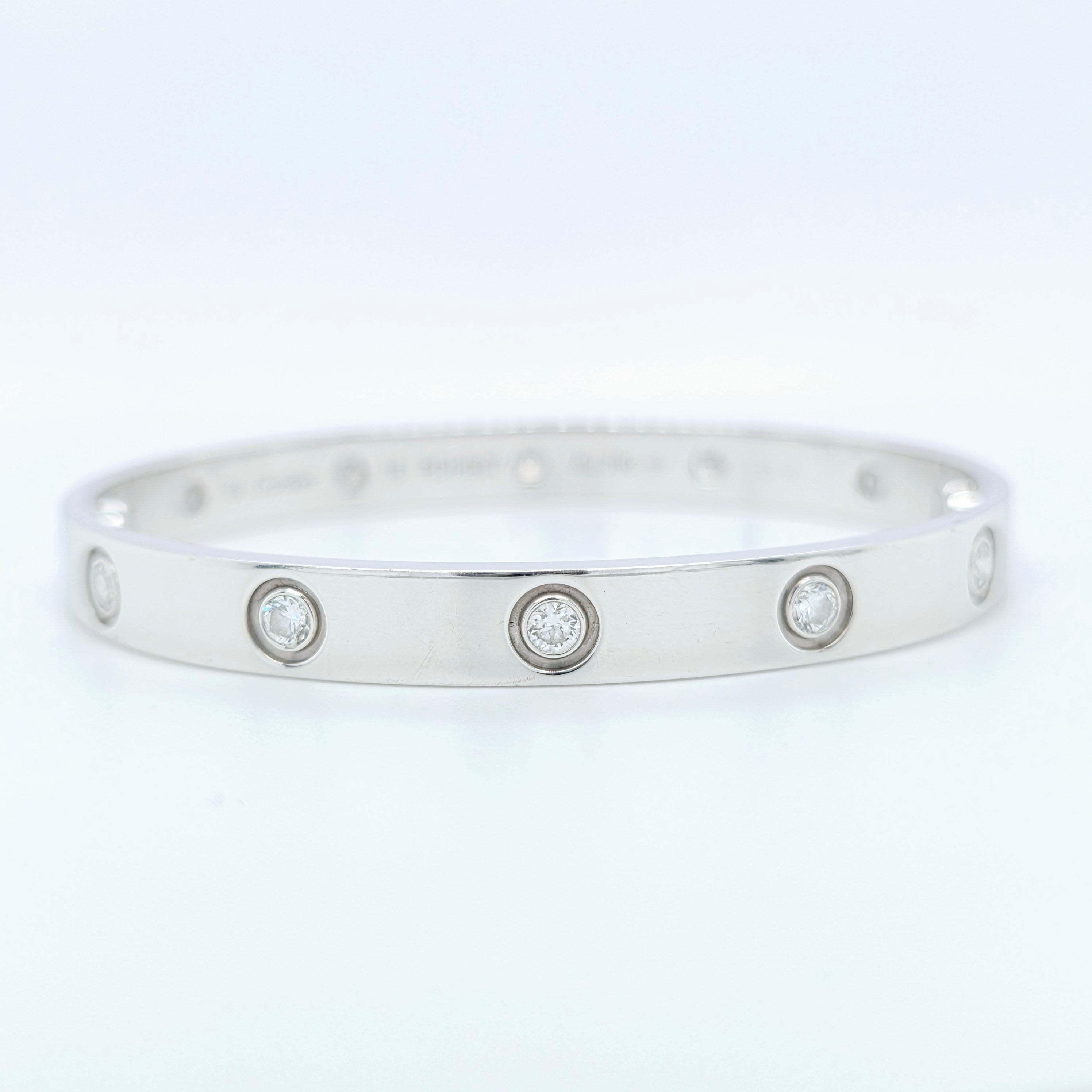 Cartier Love Bracelet, Classic Model, 10 Diamonds, 18ct White Gold, Size 16, Box & 2022 Certificate Chloe's Jewellers