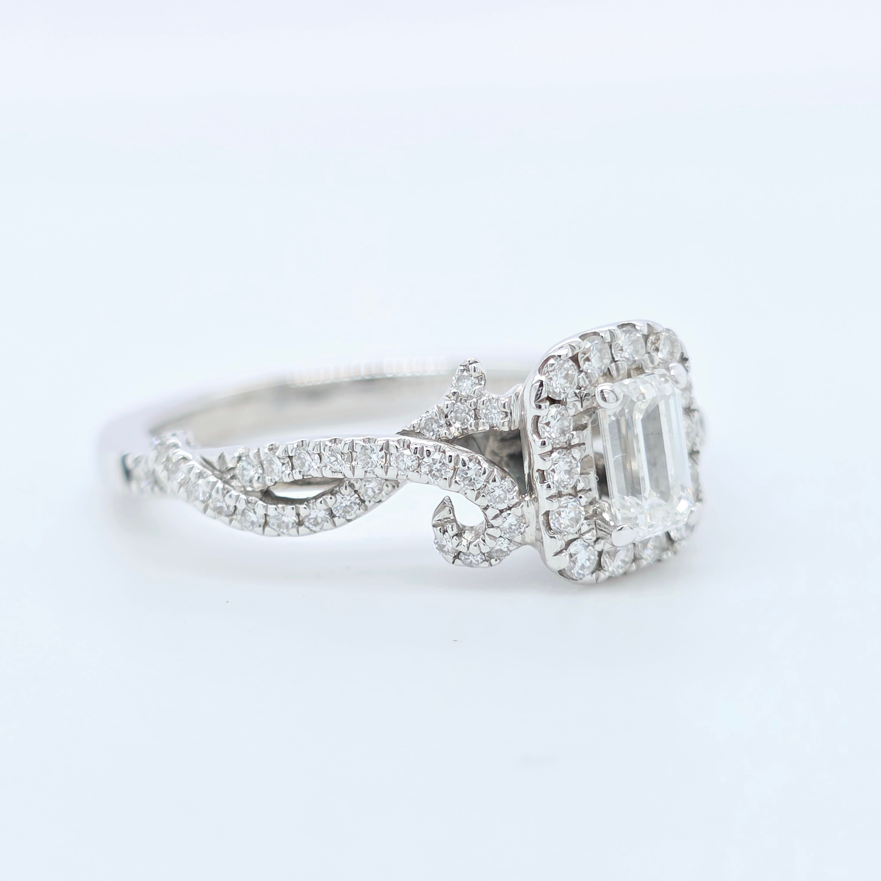 Vera Wang, Emerald Cut Diamond Halo, Diamonds Total 0.70ct, 18ct White Gold Chloe's Jewellers