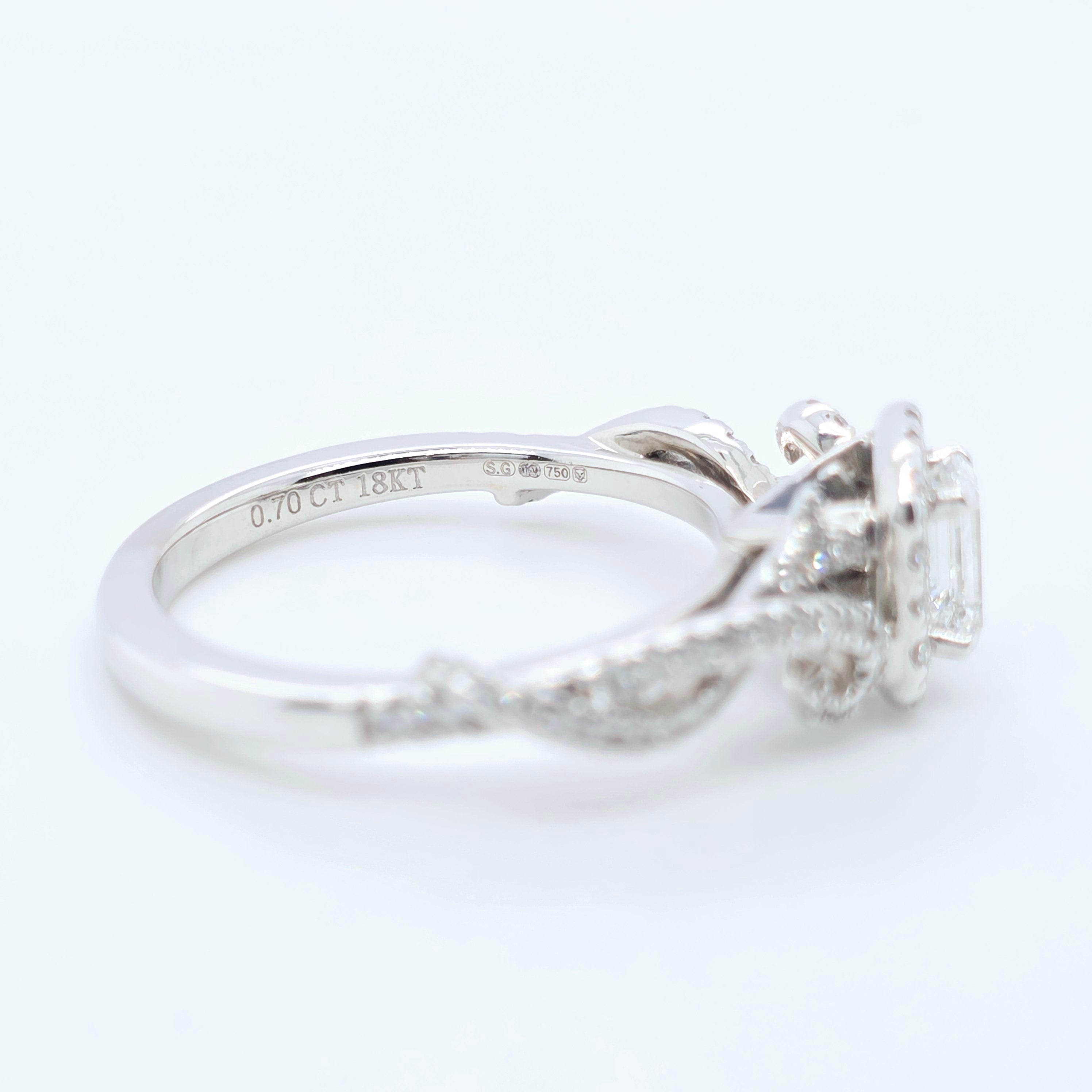 Vera Wang, Emerald Cut Diamond Halo, Diamonds Total 0.70ct, 18ct White Gold Chloe's Jewellers
