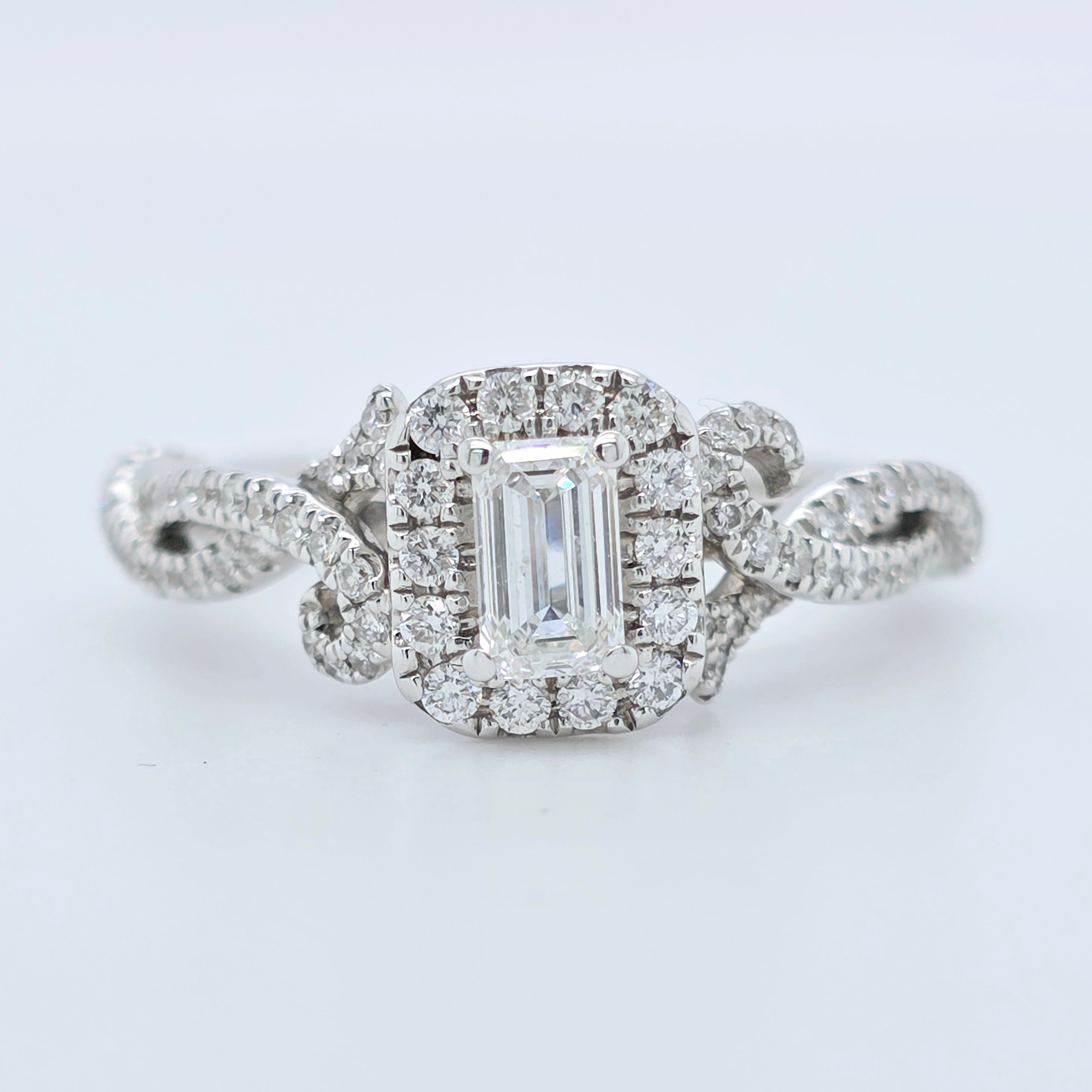 Vera Wang, Emerald Cut Diamond Halo, Diamonds Total 0.70ct, 18ct White Gold Chloe's Jewellers