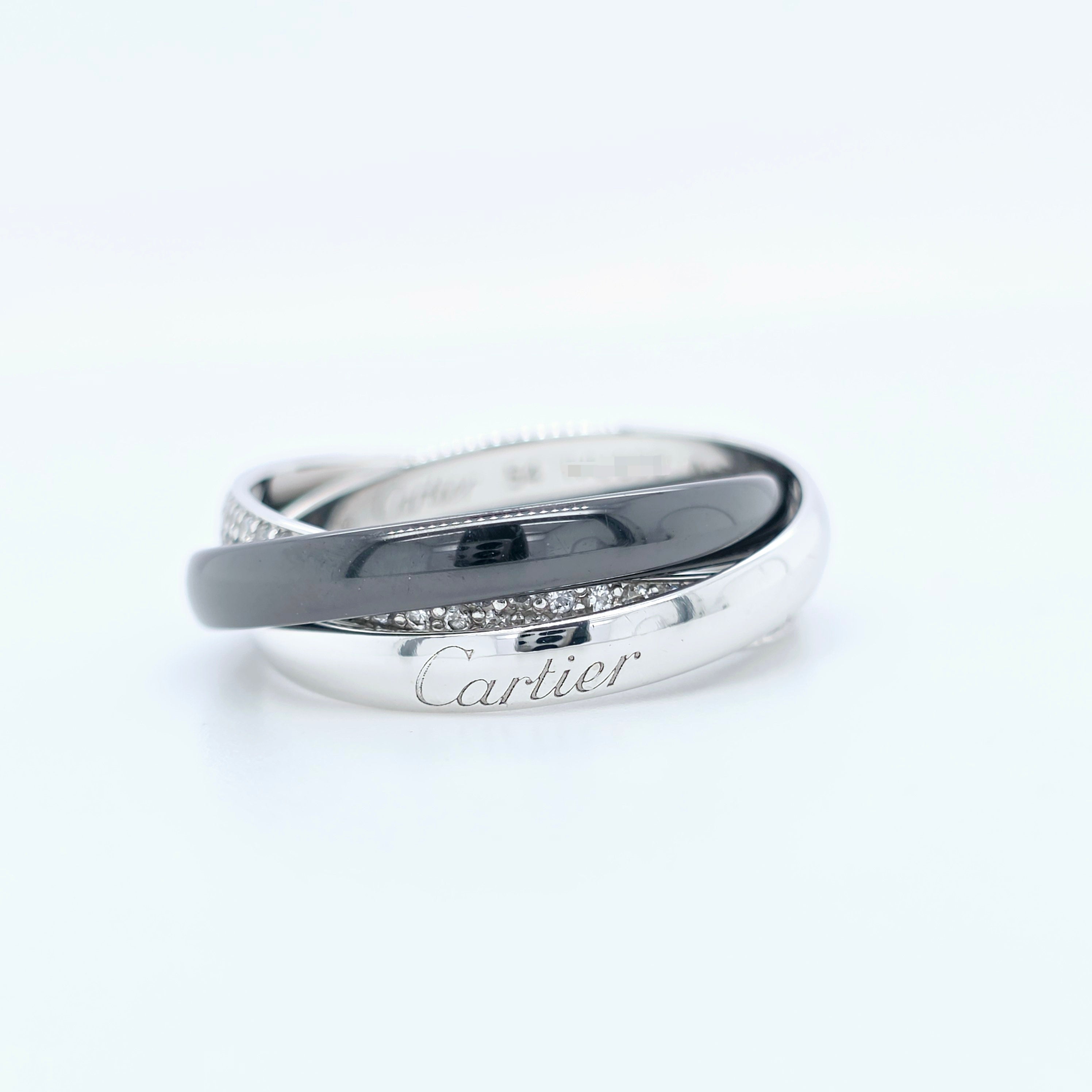 Cartier Trinity Ring , 18ct White Gold, Black Ceramic & Diamonds, Medium-Size 54