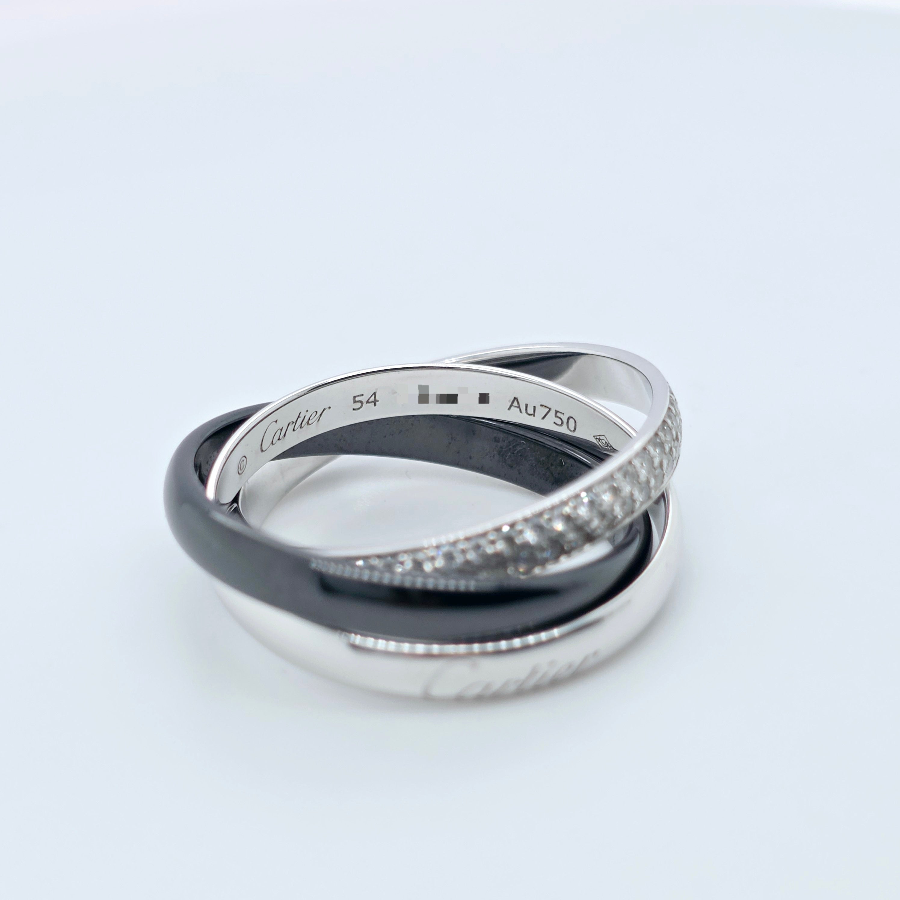 Cartier Trinity Ring , 18ct White Gold, Black Ceramic & Diamonds, Medium-Size 54 Chloe's Jewellers