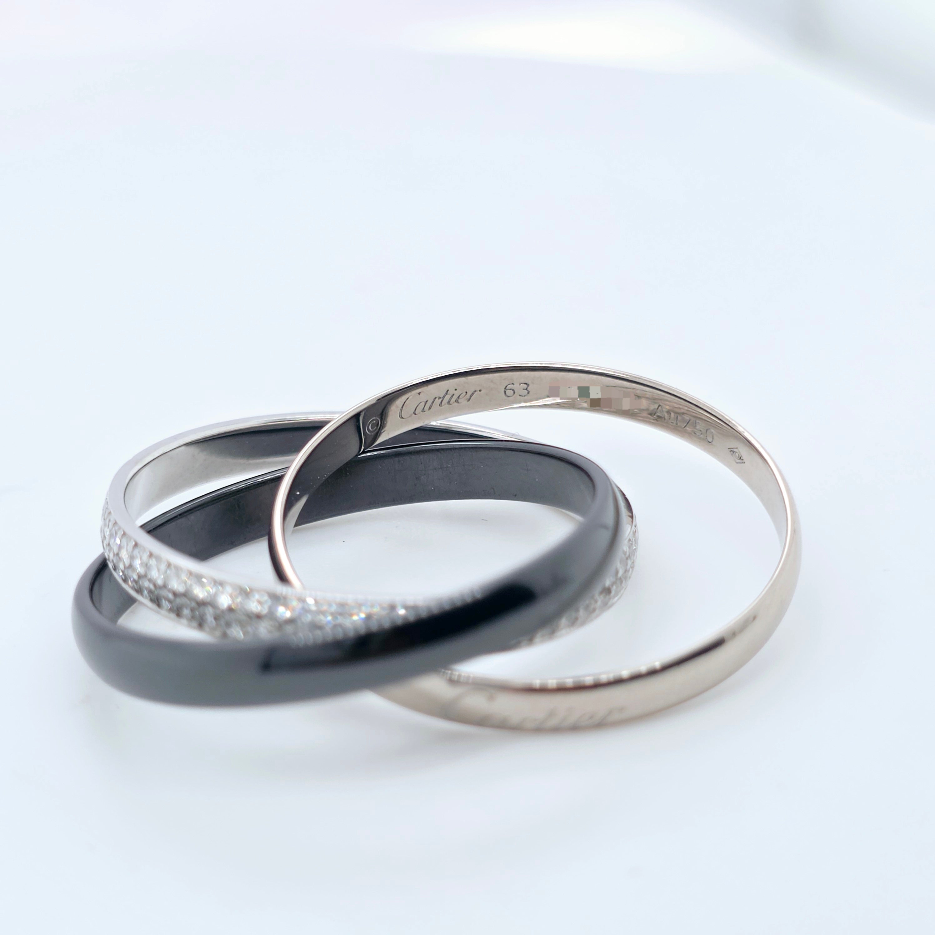Cartier Trinity Ring , 18ct White Gold, Black Ceramic & Diamonds, Medium-Size 63 Chloe's Jewellers