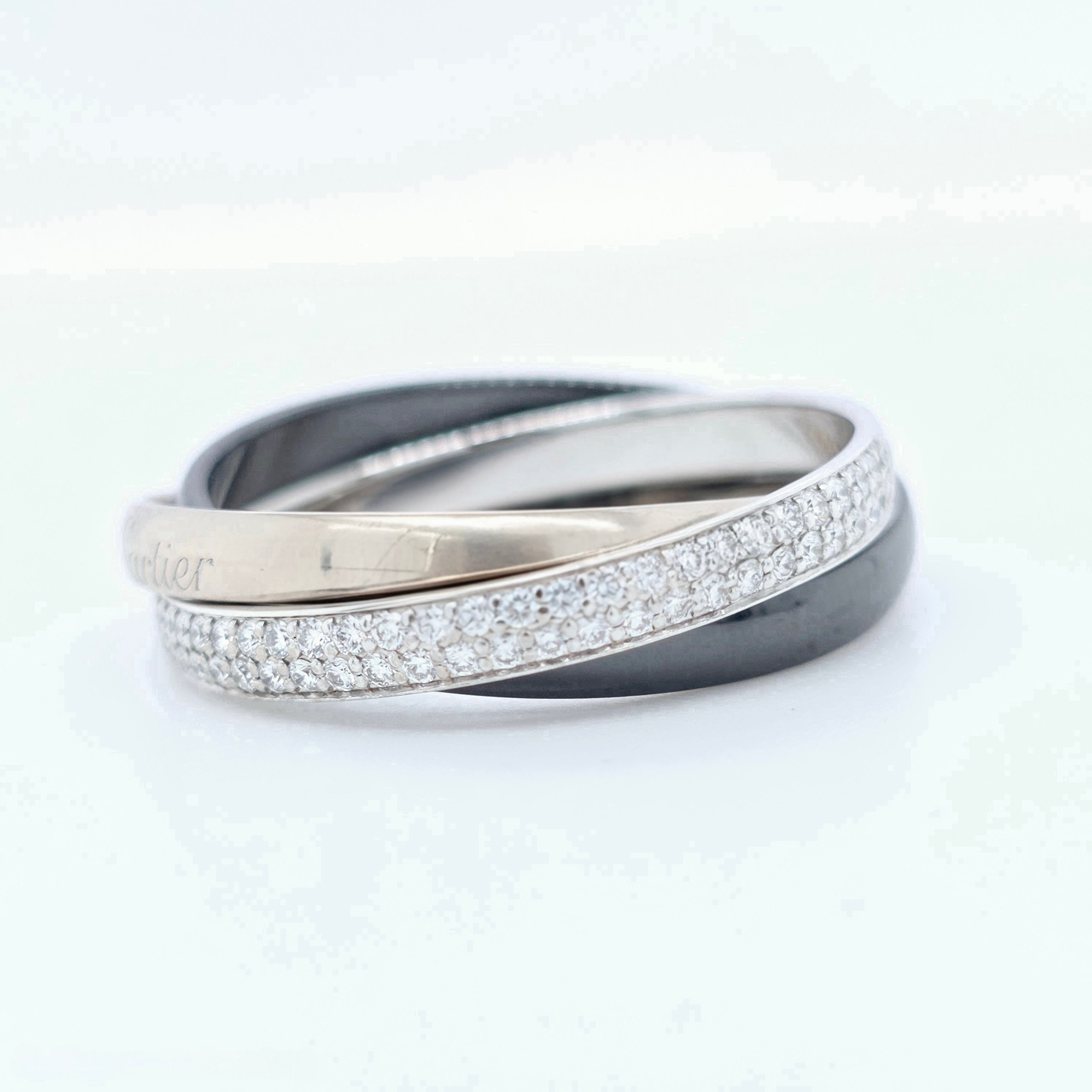 Cartier Trinity Ring , 18ct White Gold, Black Ceramic & Diamonds, Medium-Size 63 Chloe's Jewellers