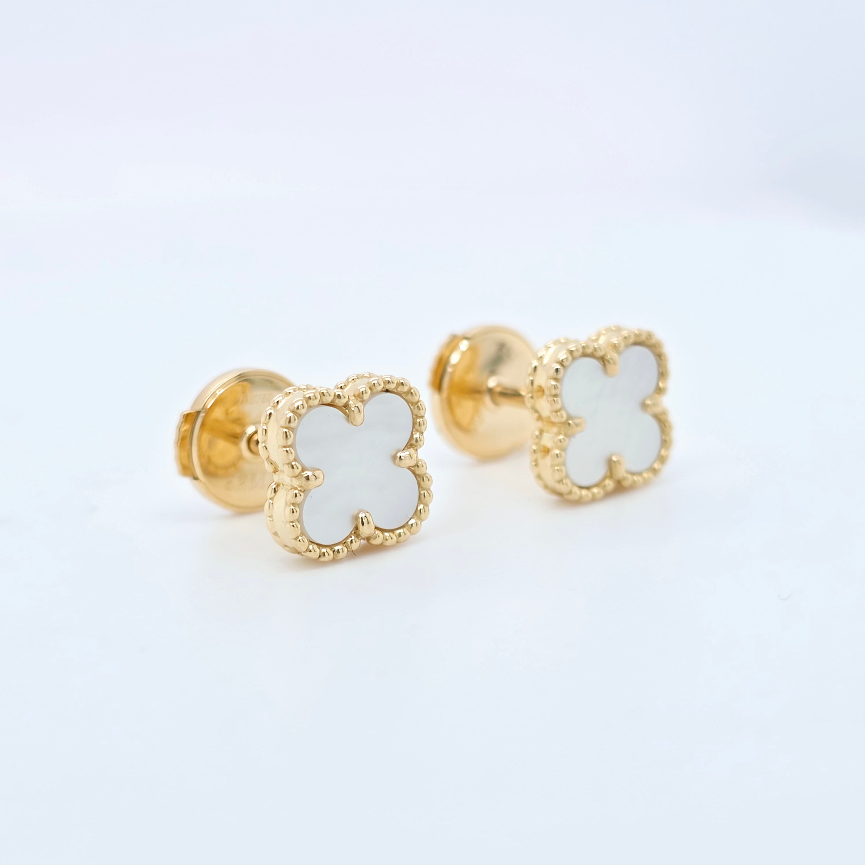 Van Cleef & Arpels Mother of Pearl Sweet Alhambra Earrings, 18ct Yellow Gold Chloe's Jewellers