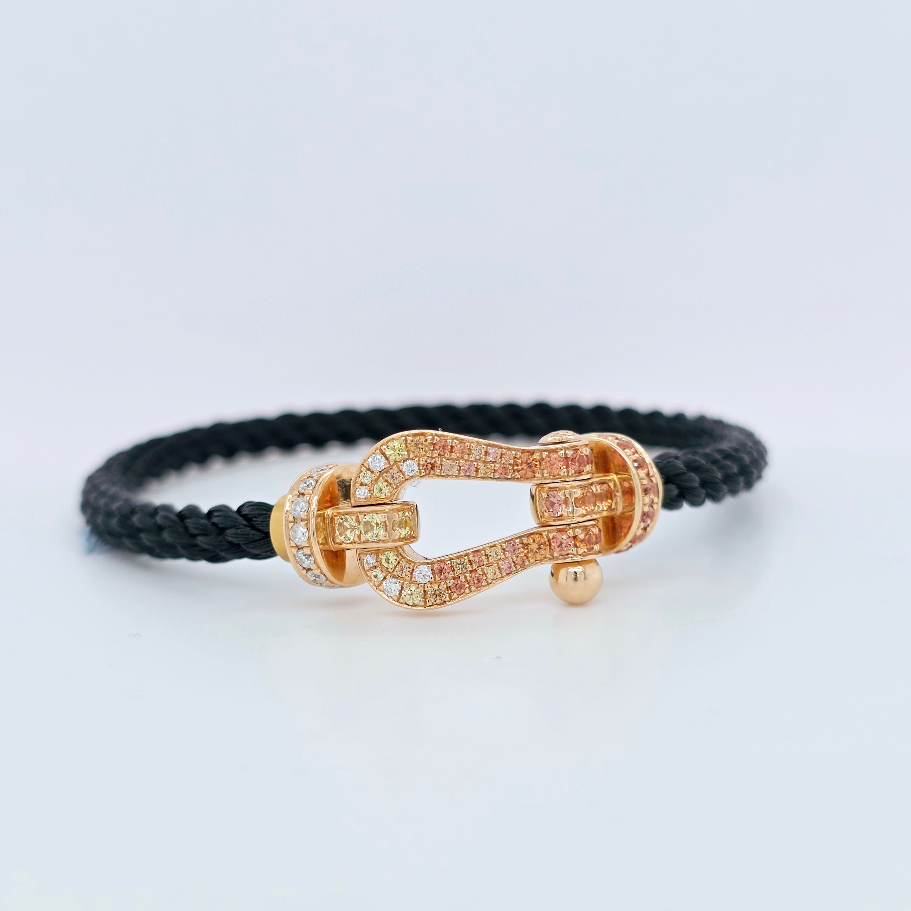 Fred Force 10 Bracelet, Large Model, 18ct Rose Gold, Diamond & Gems, Black Cable