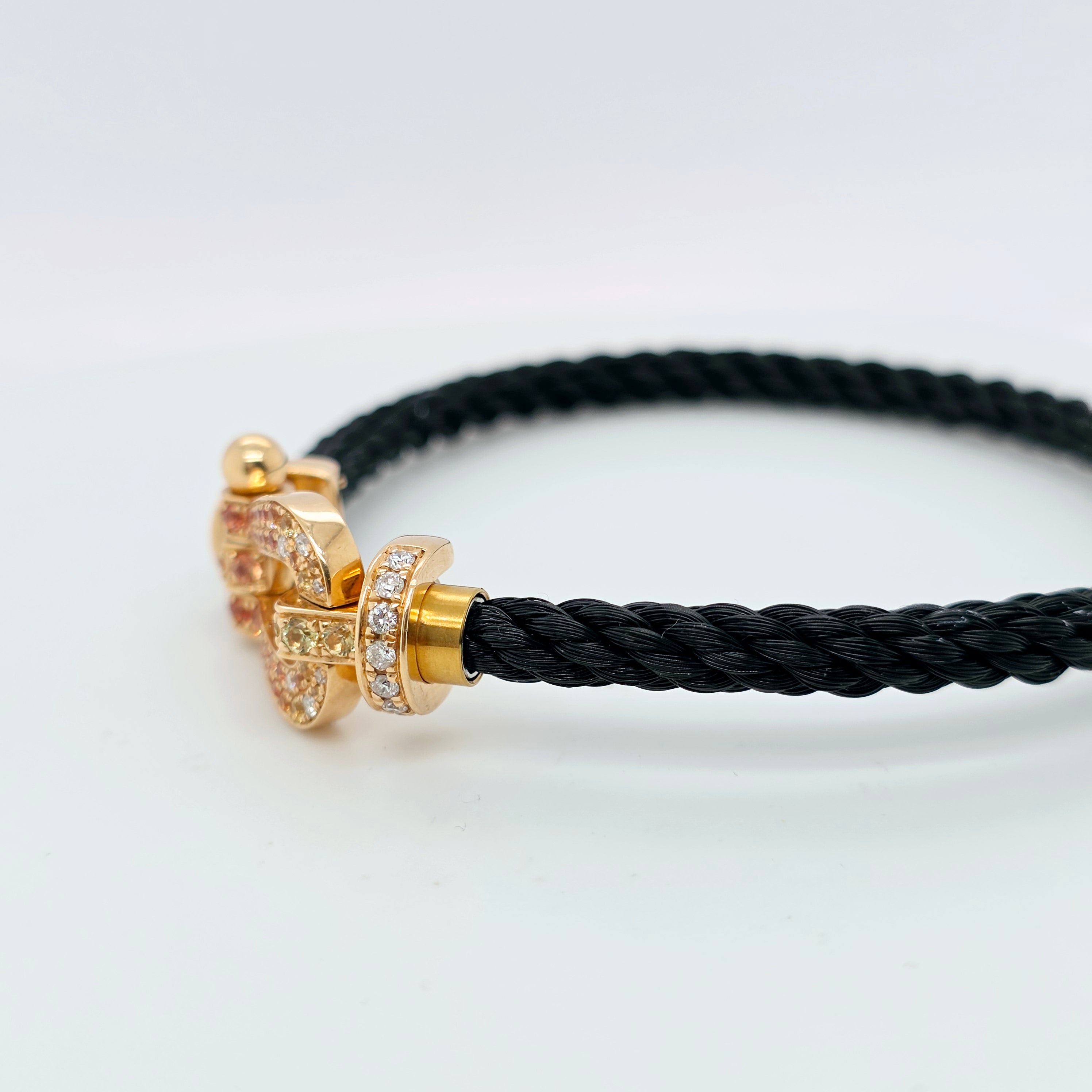 Fred Force 10 Bracelet, Large Model, 18ct Rose Gold, Diamond & Gems, Black Cable