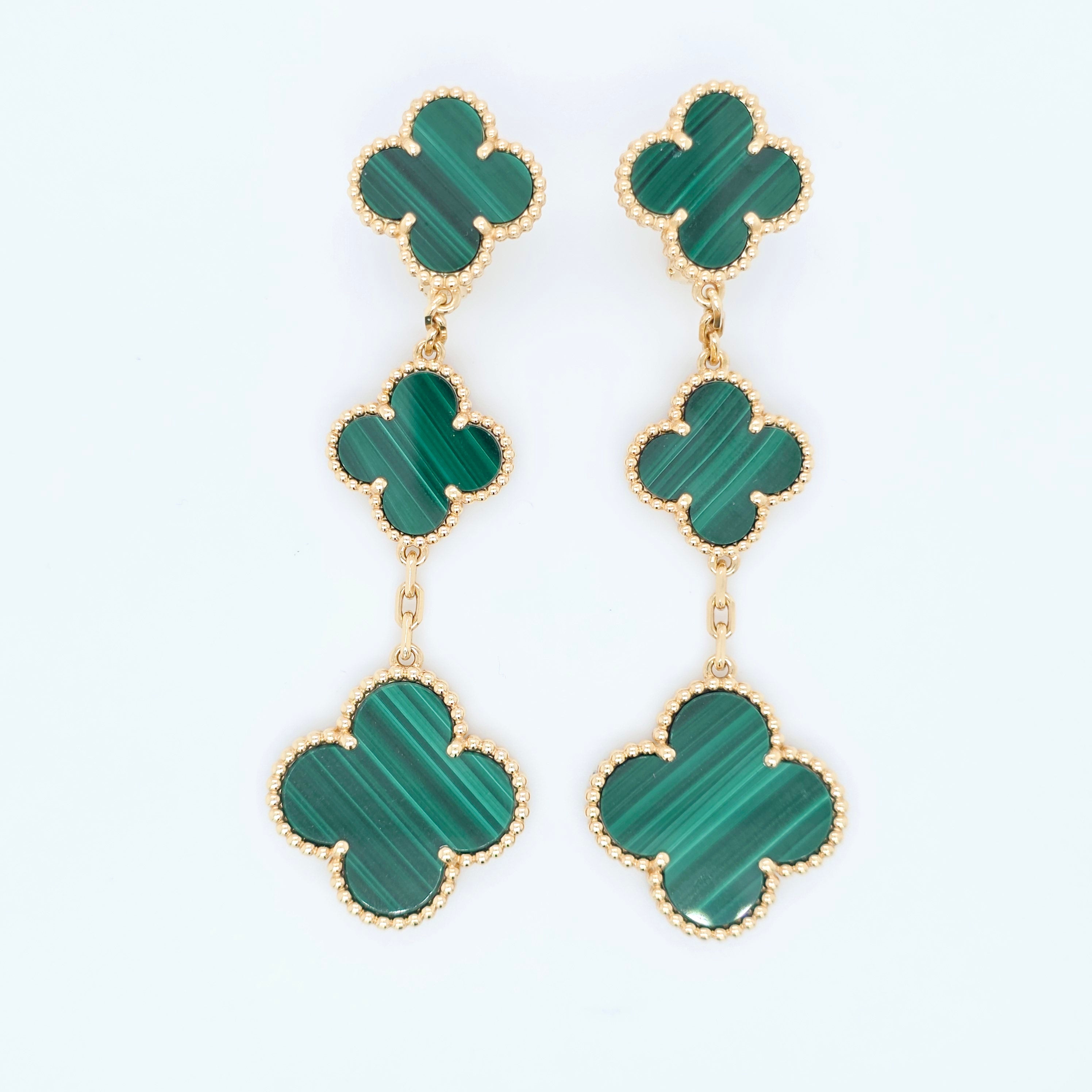 Van Cleef & Arpels Magic Alhambra Malachite 3 Motif Earrings, 18ct Yellow Gold Chloe's Jewellers