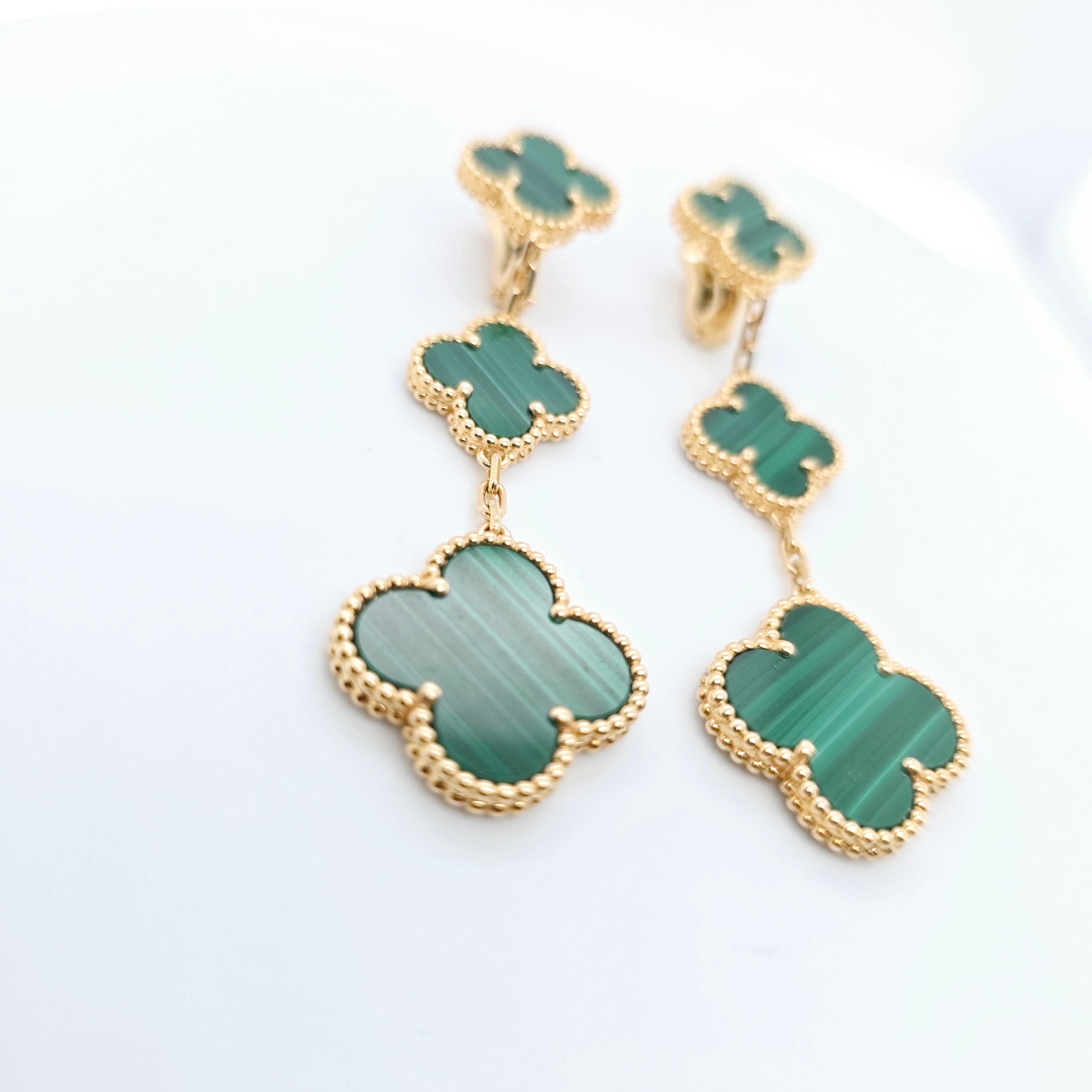 Van Cleef & Arpels Magic Alhambra Malachite 3 Motif Earrings, 18ct Yellow Gold Chloe's Jewellers