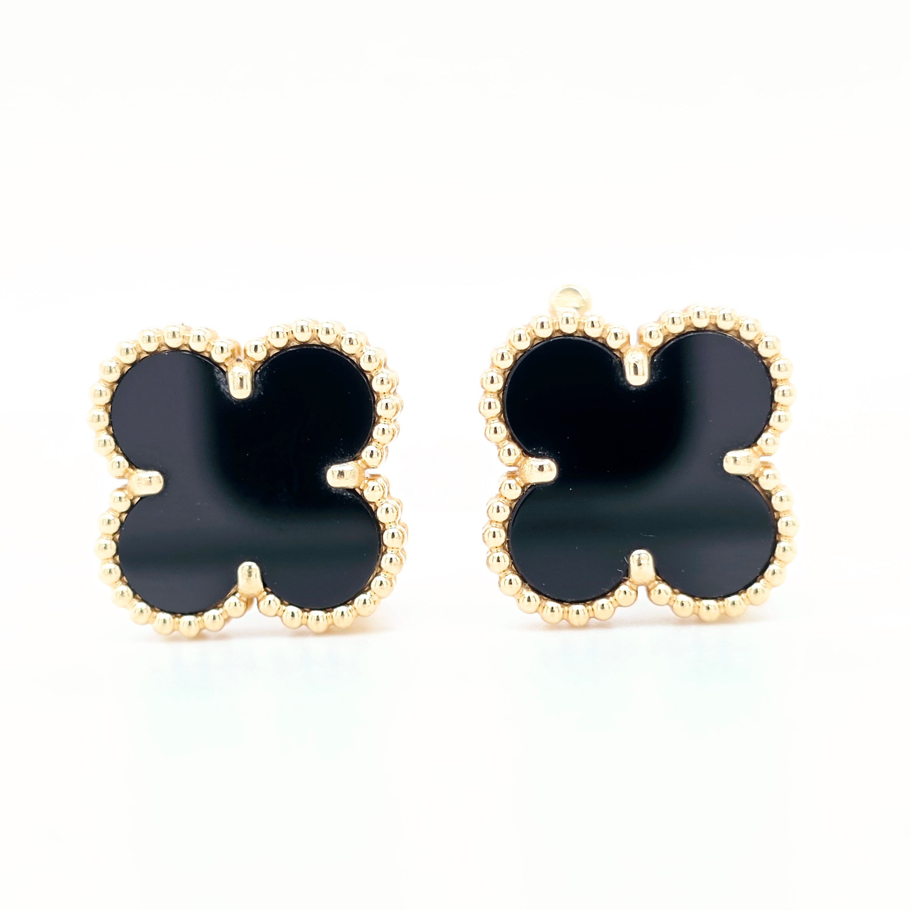 Van Cleef & Arpels Vintage Alhambra Onyx Stud Earrings, 18ct Yellow Gold, Box Chloe's Jewellers