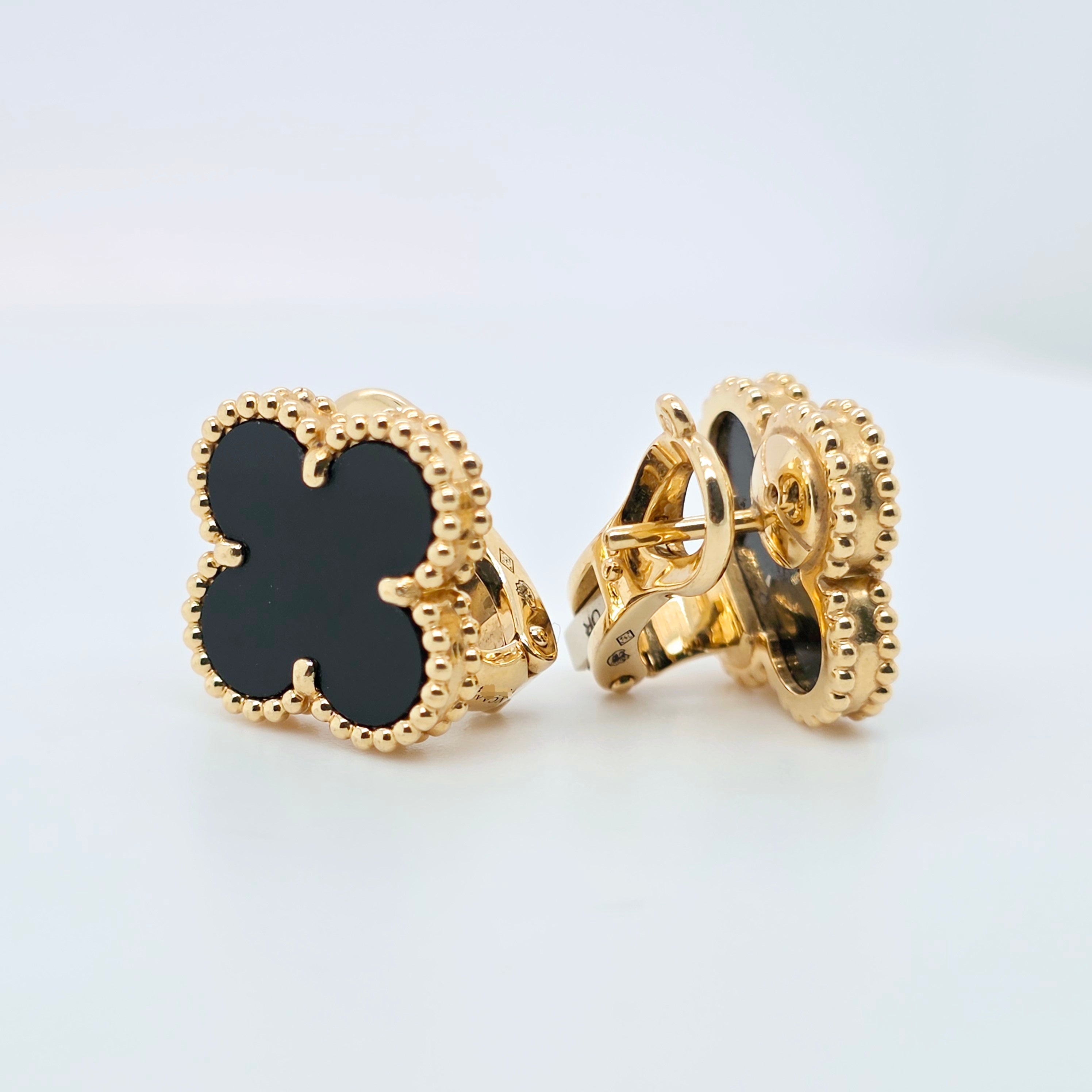 Van Cleef & Arpels Vintage Alhambra Onyx Stud Earrings, 18ct Yellow Gold, Box Chloe's Jewellers