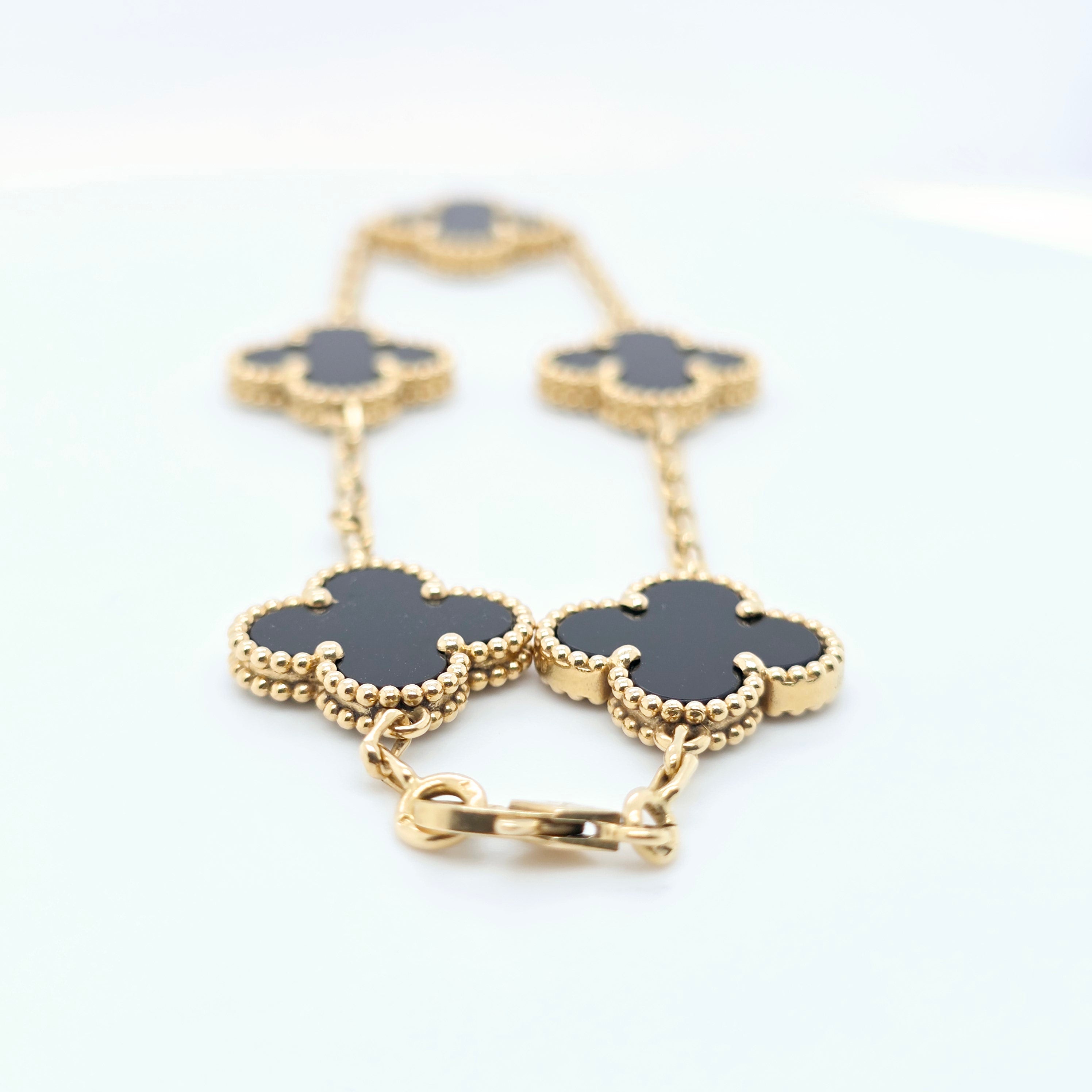 Van Cleef & Arpels Vintage Alhambra, 5 Motif Onyx Bracelet, 18ct Yellow Gold Chloe's Jewellers