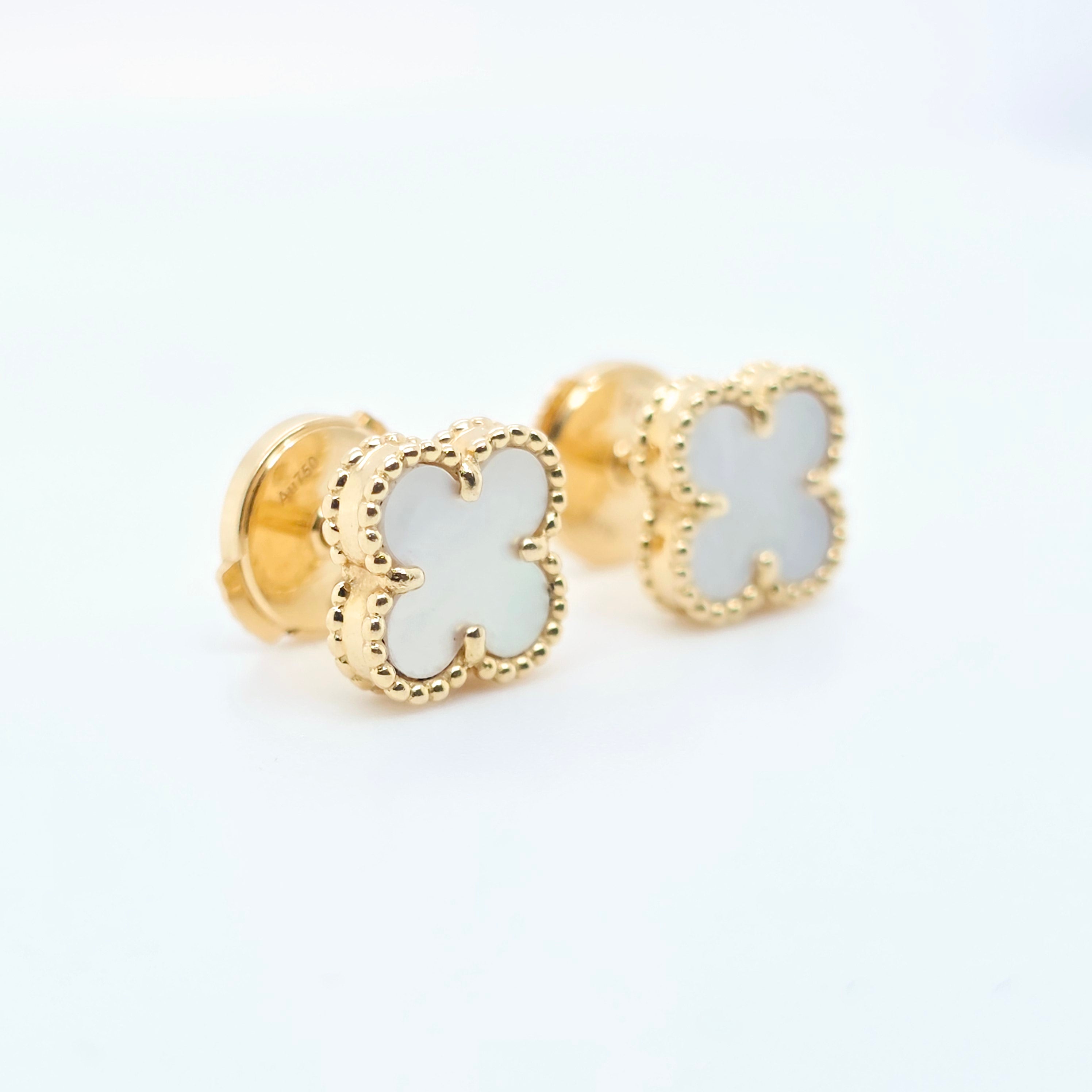 Van Cleef & Arpels Sweet Mother of Pearl Alhambra Earrings, 18ct Yellow Gold Chloe's Jewellers