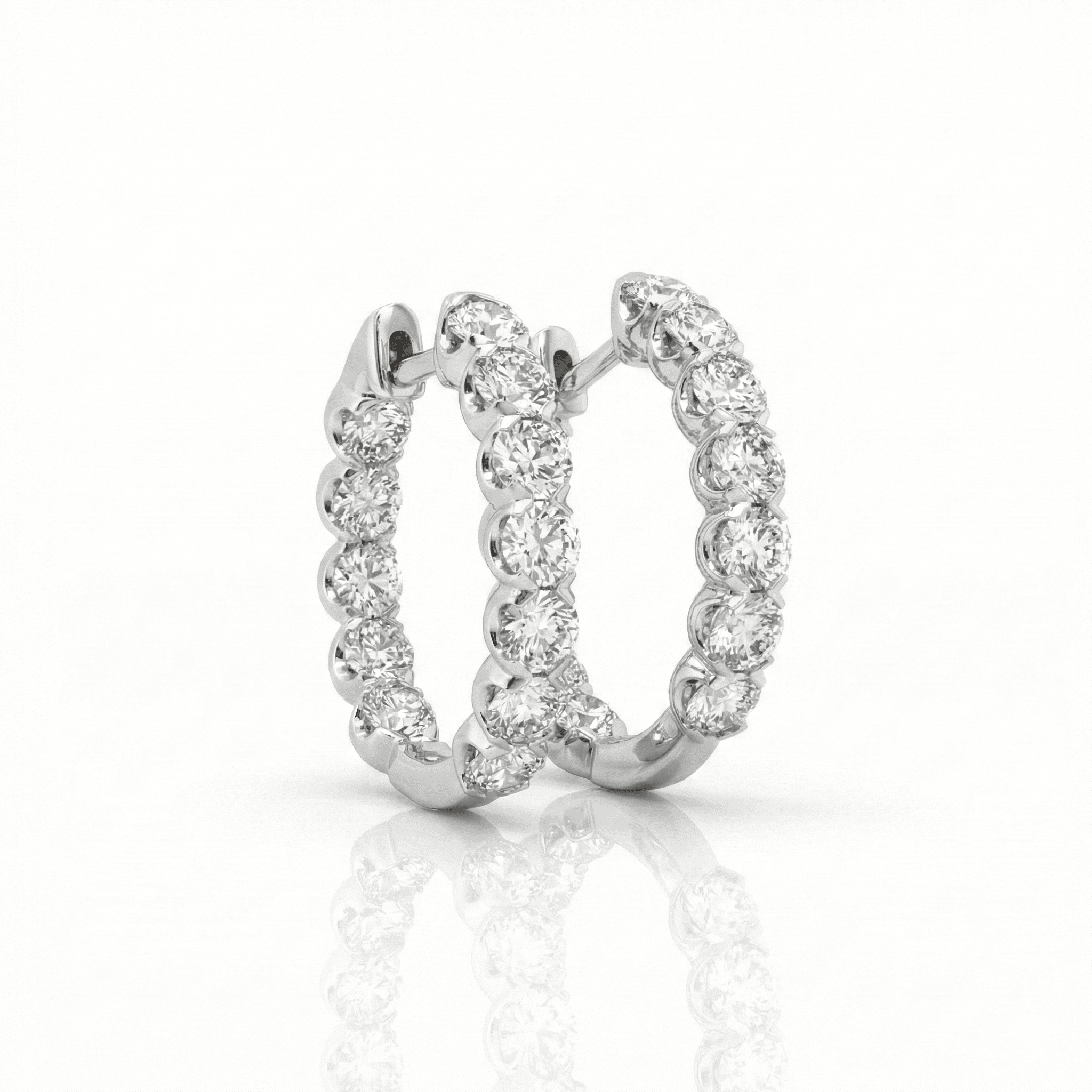 18K White Gold Claw Set In & Out Brilliant Cut Diamond Round Hoop Earrings 1.96CT