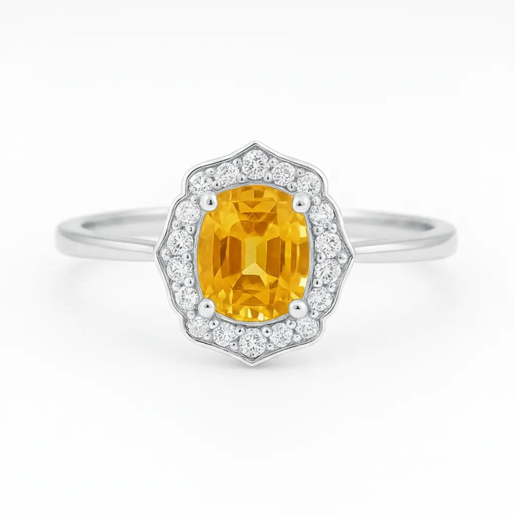 Yellow Sapphire & Diamond Halo Engagement Ring – 1.90ct Sapphire, 0.15ct F/VS1 Diamonds Chloe's Jewellers
