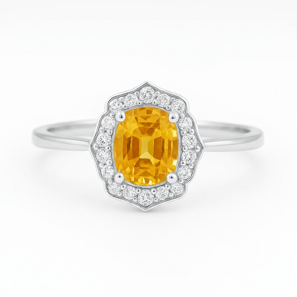 Yellow Sapphire & Diamond Halo Engagement Ring – 1.90ct Sapphire, 0.15ct F/VS1 Diamonds Chloe's Jewellers