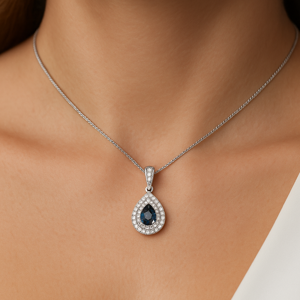 Pear shape Blue Sapphire Halo Setting Pendant Necklace 0.50CT Chloe's Jewellers