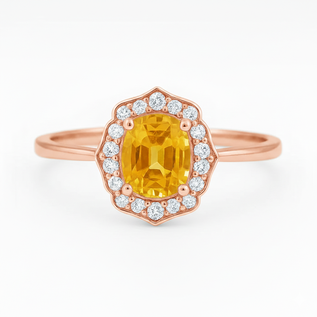 Yellow Sapphire & Diamond Halo Engagement Ring – 1.90ct Sapphire, 0.15ct F/VS1 Diamonds Chloe's Jewellers