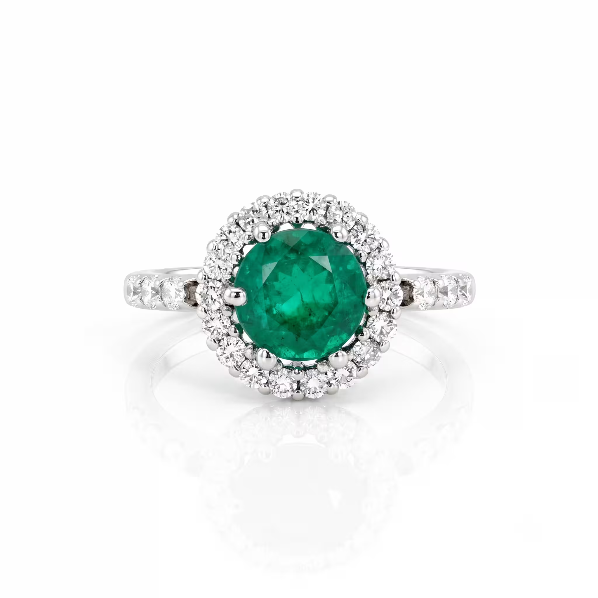 1.00ct Round Cut Zambain Emerald Halo Setting Engagement Ring - 18K Gold