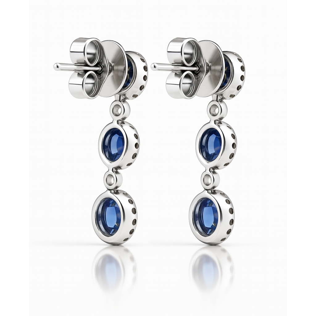 18K White Gold Oval Cut Blue Sapphire Halo Drop Earrings 1.20ct Chloe's Jewellers