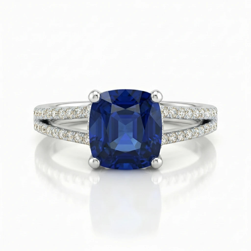 1.70ct Cushion Cut Blue Sapphire Engagement Ring with Split Shank Chloe's Jewellers