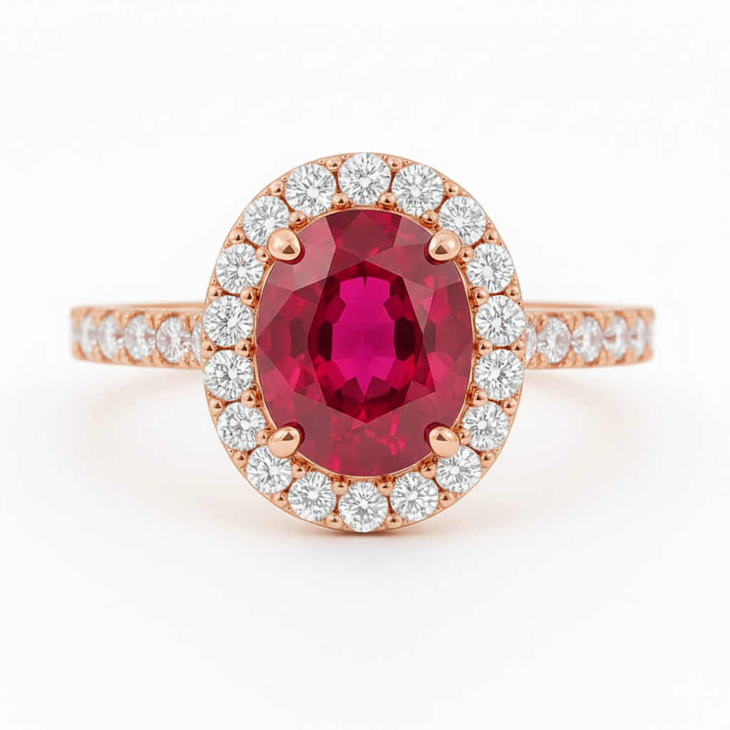 2.02ct Thai Ruby Ring – Oval Halo Setting, 18K Gold, E VS1 Diamonds