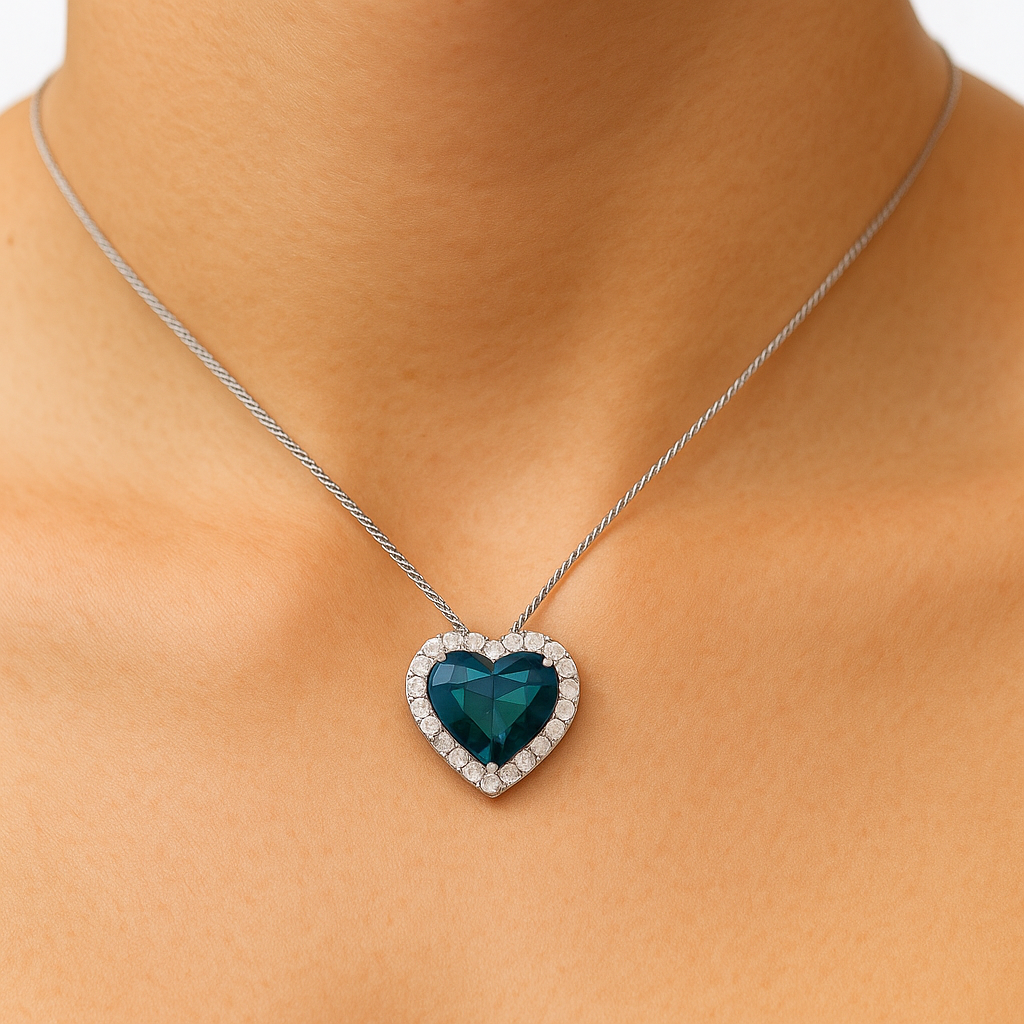Heart Green Sapphire Pendant – 2.36ct, 18K White Gold, Diamond Halo