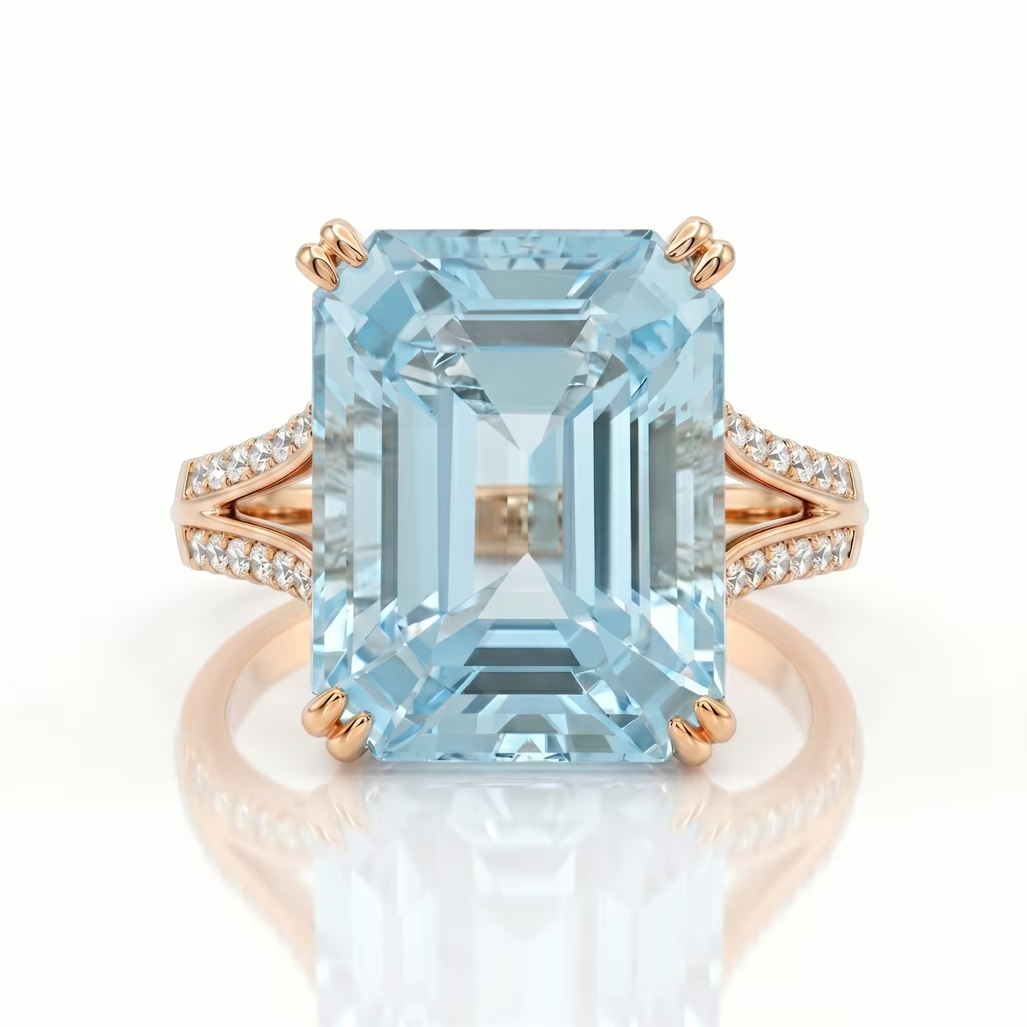 15.00ct Emerald Cut Aquamarine Stone Engagement Ring - 18K Gold