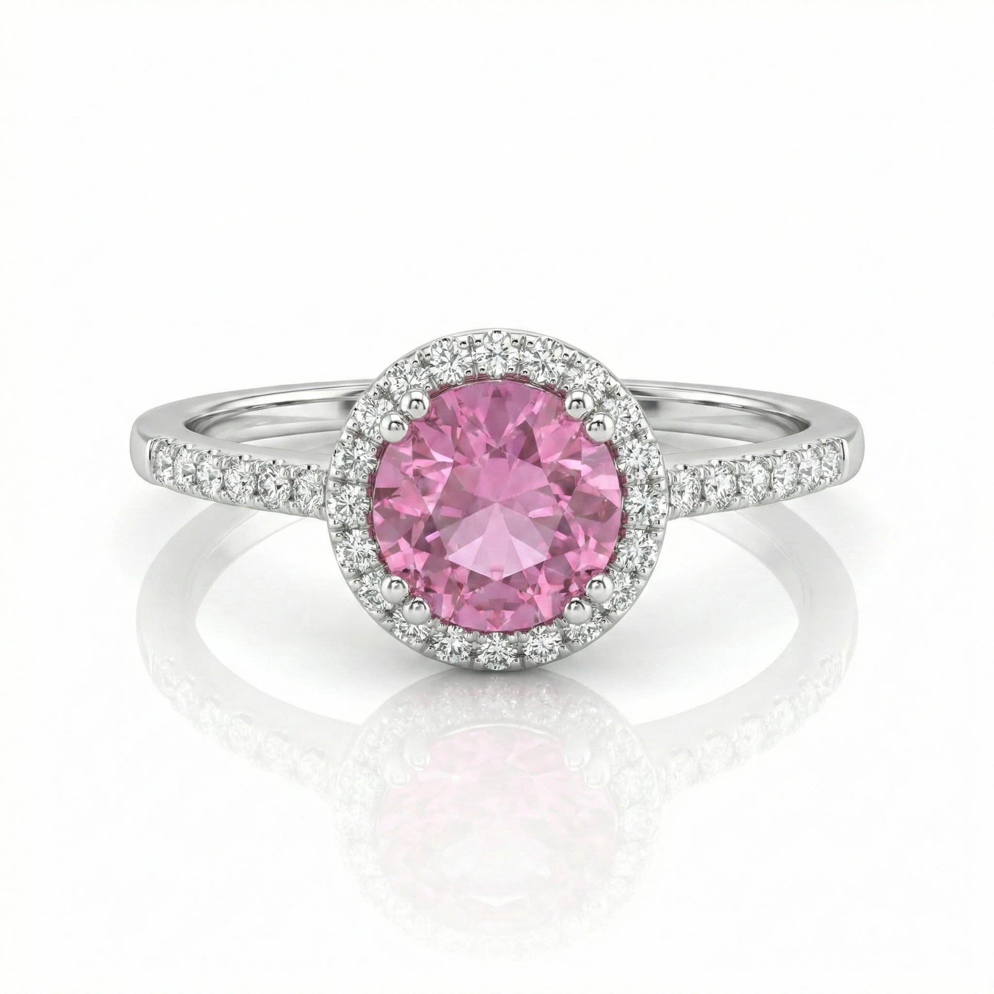 0.66ct Round Cut Pink Sapphire Halo Setting Engagement Ring Chloe's Jewellers